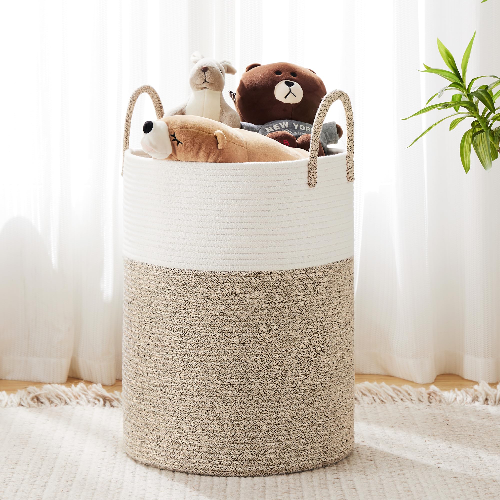 cotton Rope Laundry Hamper by YOUDENOVA  58L - Woven collapsible clothes Storage Basket for Blankets  Laundry Room Organizing  Bedroom  Brown & White
