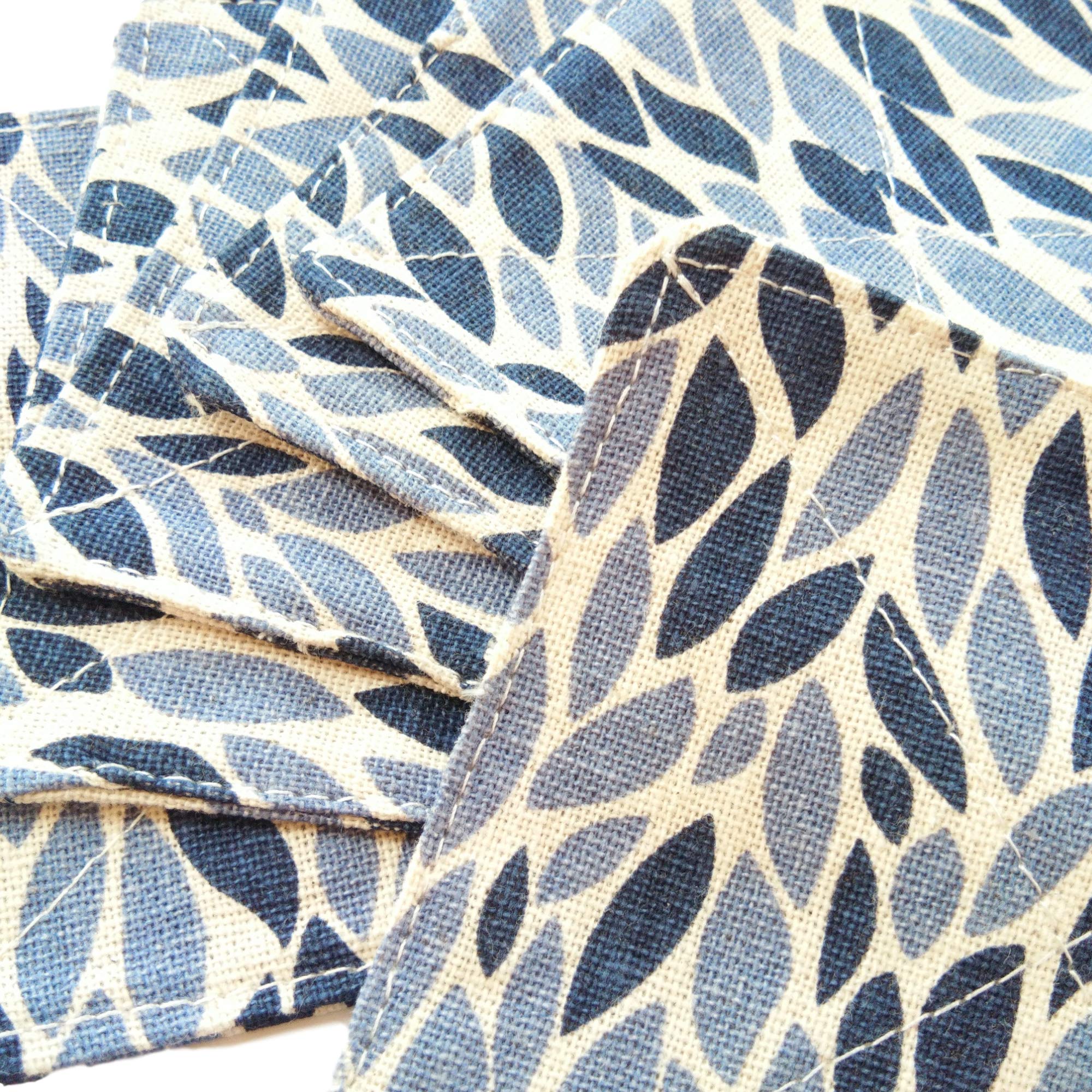 Cushystore 6 Pcs 2 Layers 100% Cotton Coaster Navy Blue Leave Grains Saucer Absorbant Mat Pad Fabric For Glass Cup Drink Square