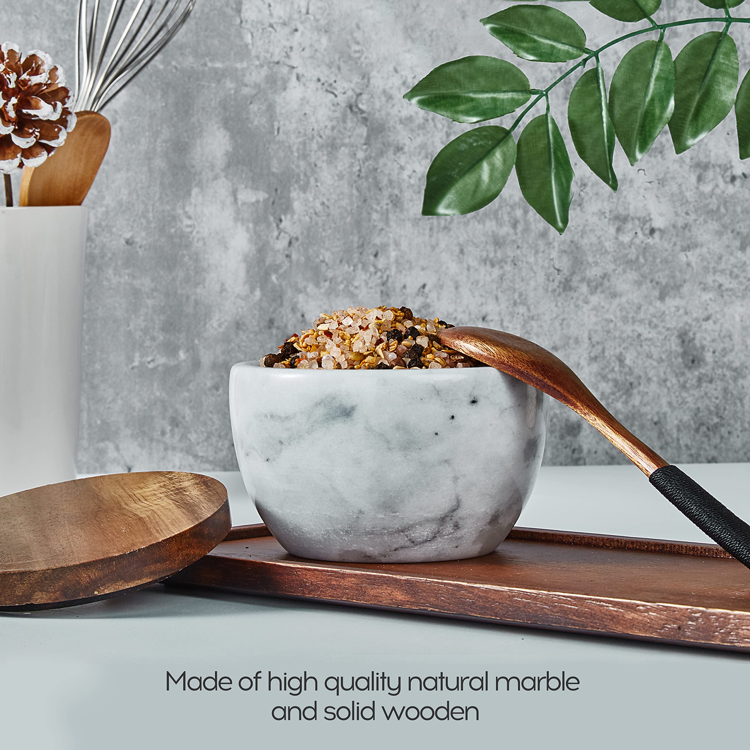 MarcZero Large Salt Box Spice Seasonings Keeper Pepper Container Marble Base with Wooden Cover Salt Cellar Big Capacity Elegant Design (White)