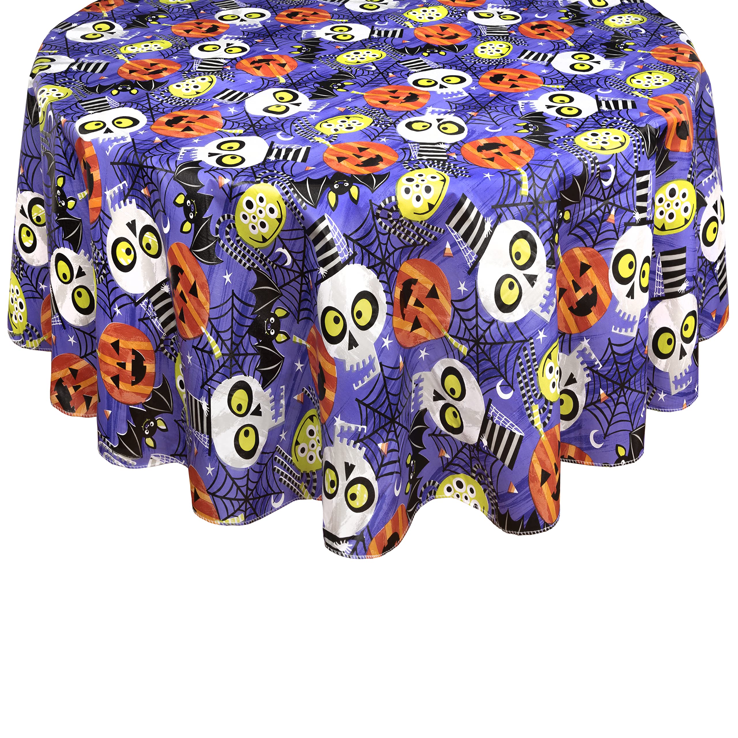 Newbridge Halloween Whimsical Ghoulish Gang 70 Inch Round Vinyl Flannel Backed Tablecloth, Spooky Skulls, Bats And Pumpkins For