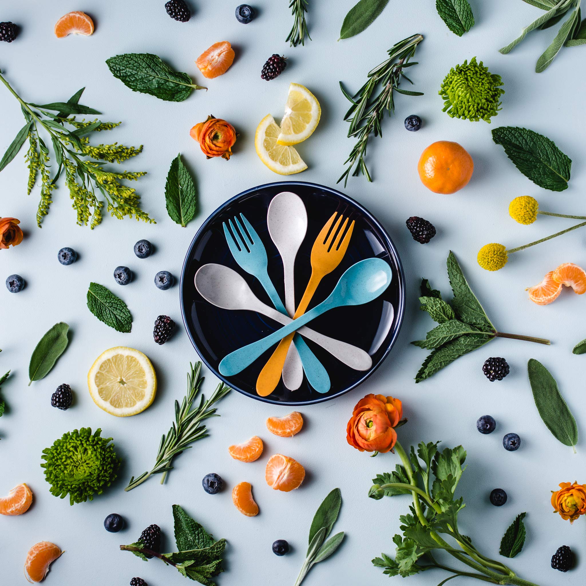 Knork Eco Astrik Reusable Compostable Plant-Based To Go Ware, Utensil Set With Carry Case, Orange Blue White Gray, 8 Piece Utens