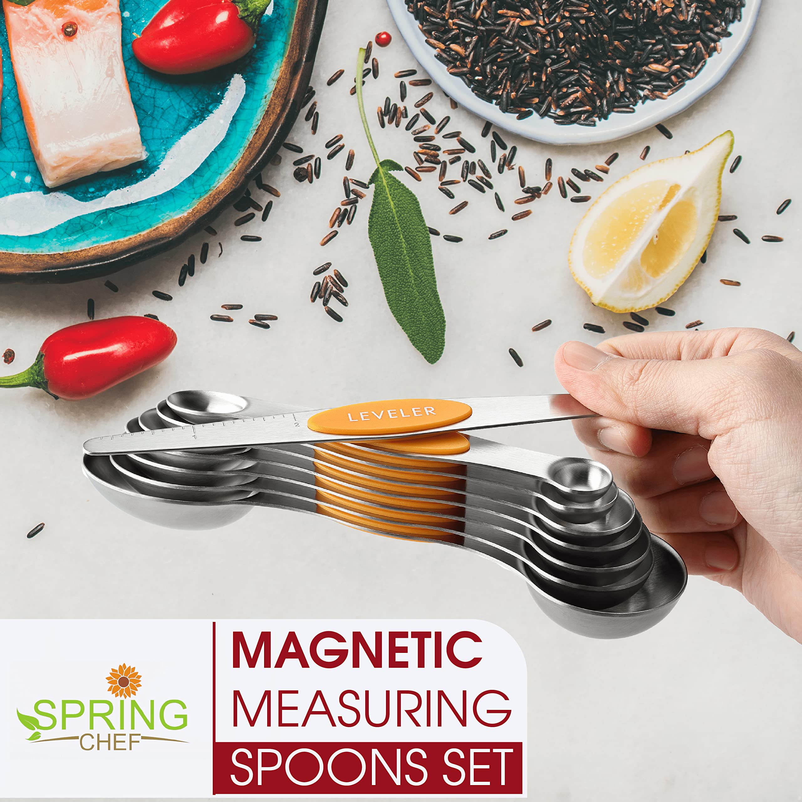 Spring Chef Magnetic Measuring Spoons Set, Dual Sided, Stainless Steel, Fits In Spice Jars, Mango, Set Of 8, 2 Pack