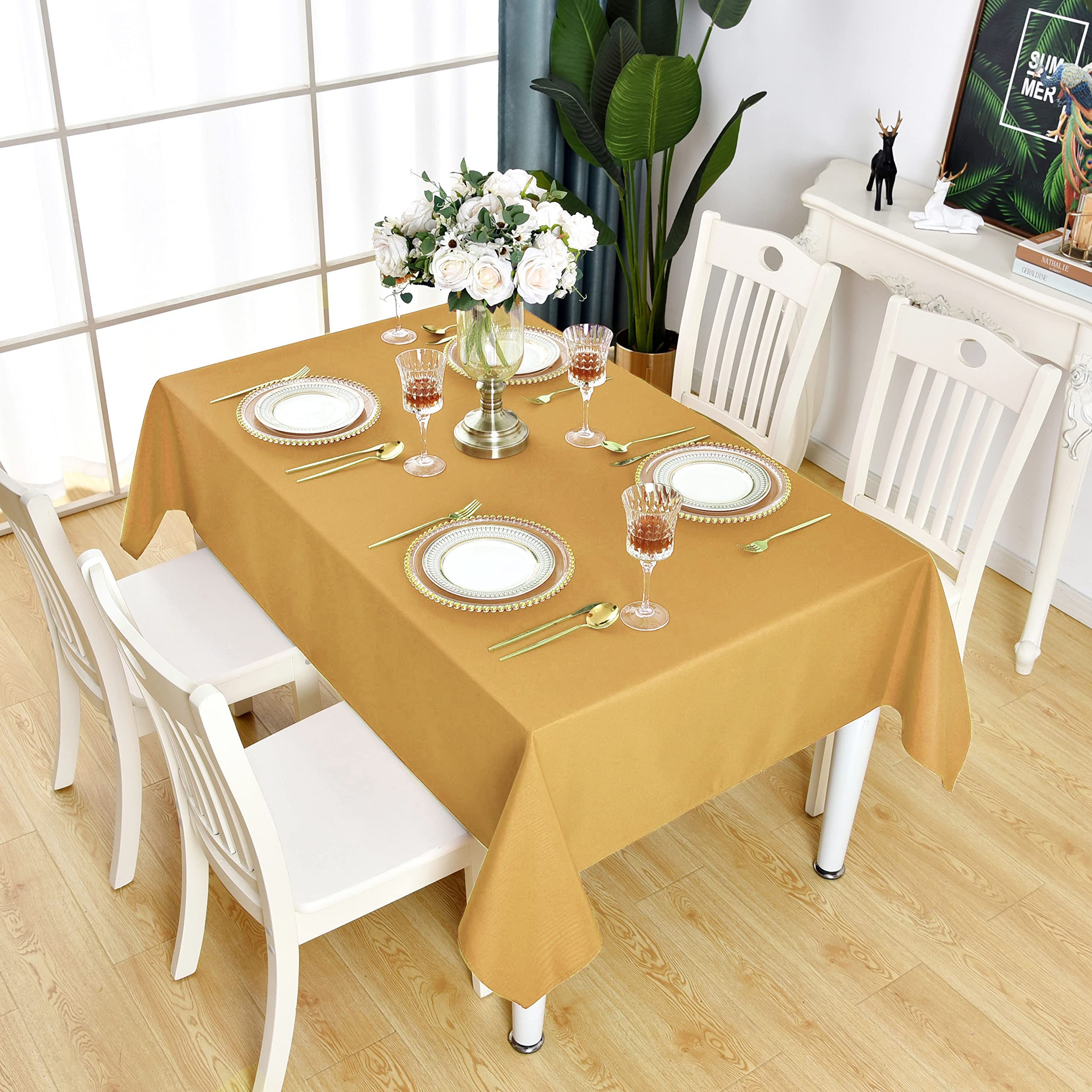 Kaipho Gold Rectangle Tablecloth Waterproof Stain Resistant Wrinkle Free Table Cloth 210Gsm Polyester Wipeable Table Cover For P