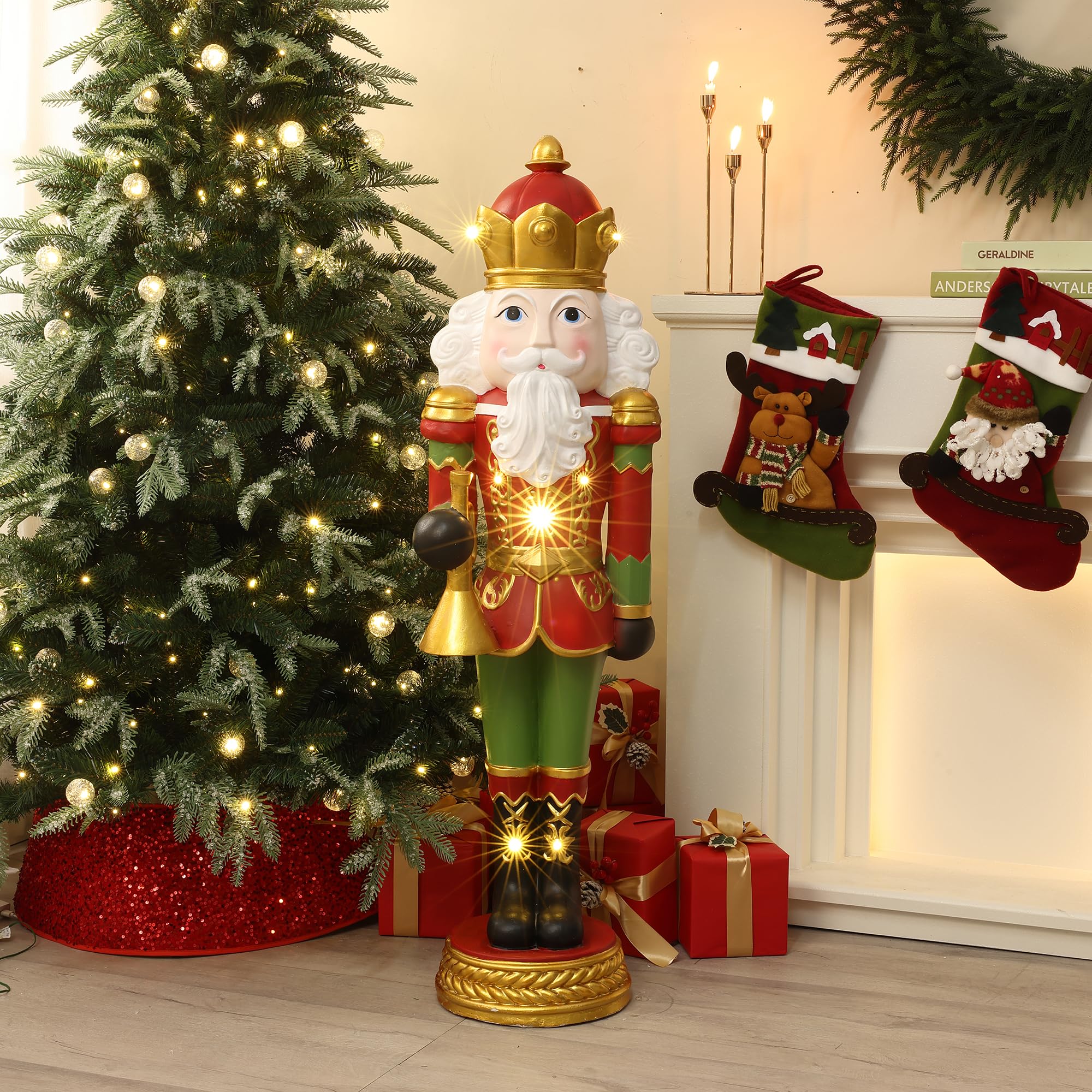 LuxenHome 4FT Tall Nutcracker Christmas Decoration, Colorful Lighted Holiday Nutcracker Soldier Statue with Trumpet, Christmas D
