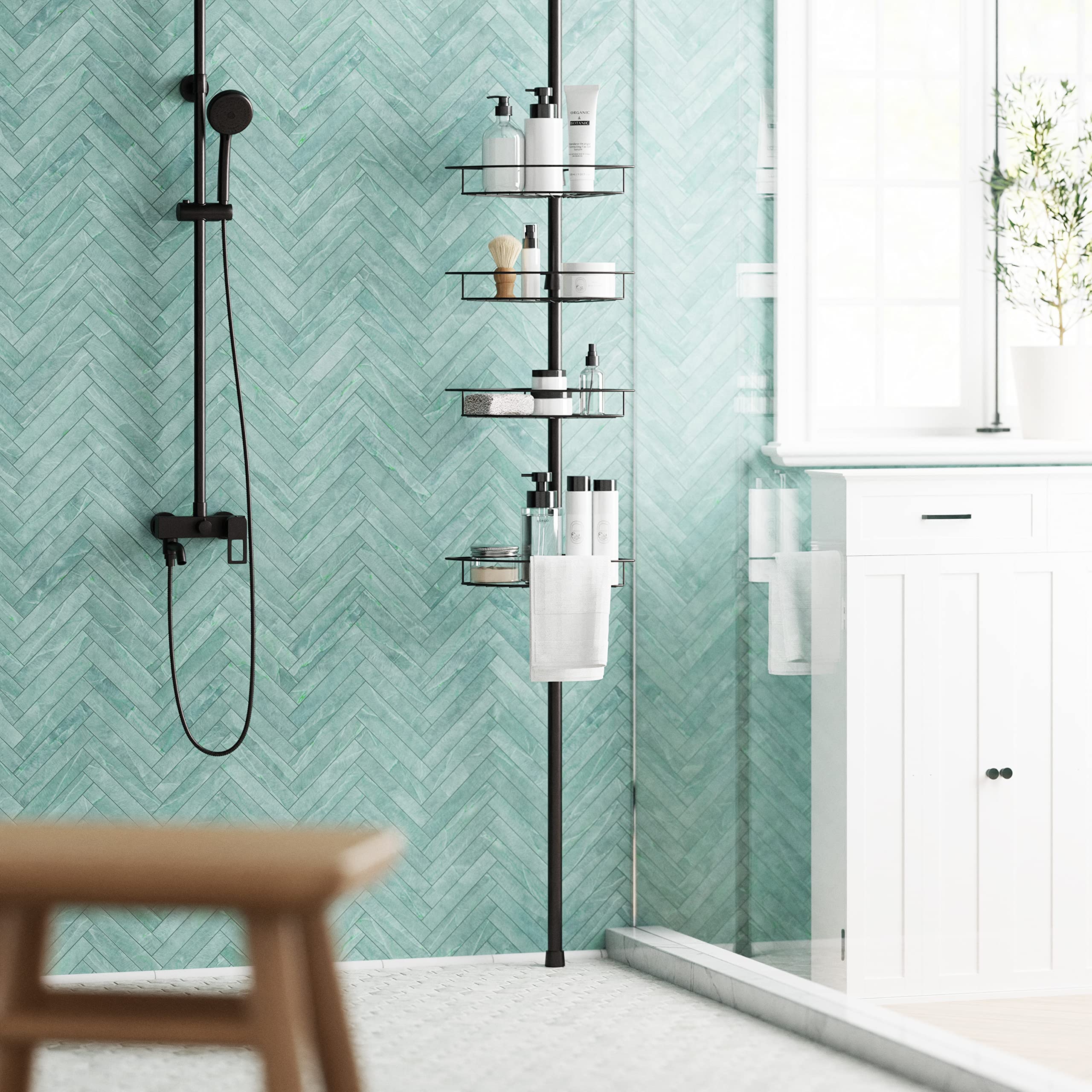Zenna Home Tension Pole Shower Caddy With 4 Basket Shelves With Towel Bars, Matte Black, 60-97 Inch - Rust-Resistant Corner Show