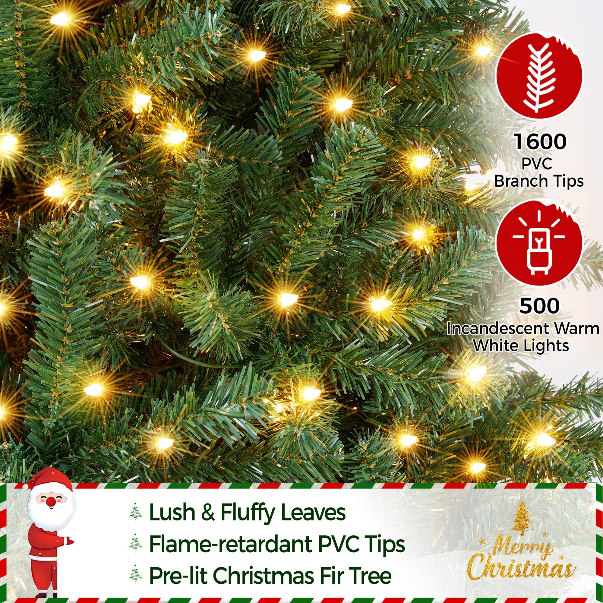 Yaheetech 9ft Pre-lit Artificial Christmas Tree with 500 Warm Lights Hinged Spruce Pencil with Foldable Stand Holiday Decoration