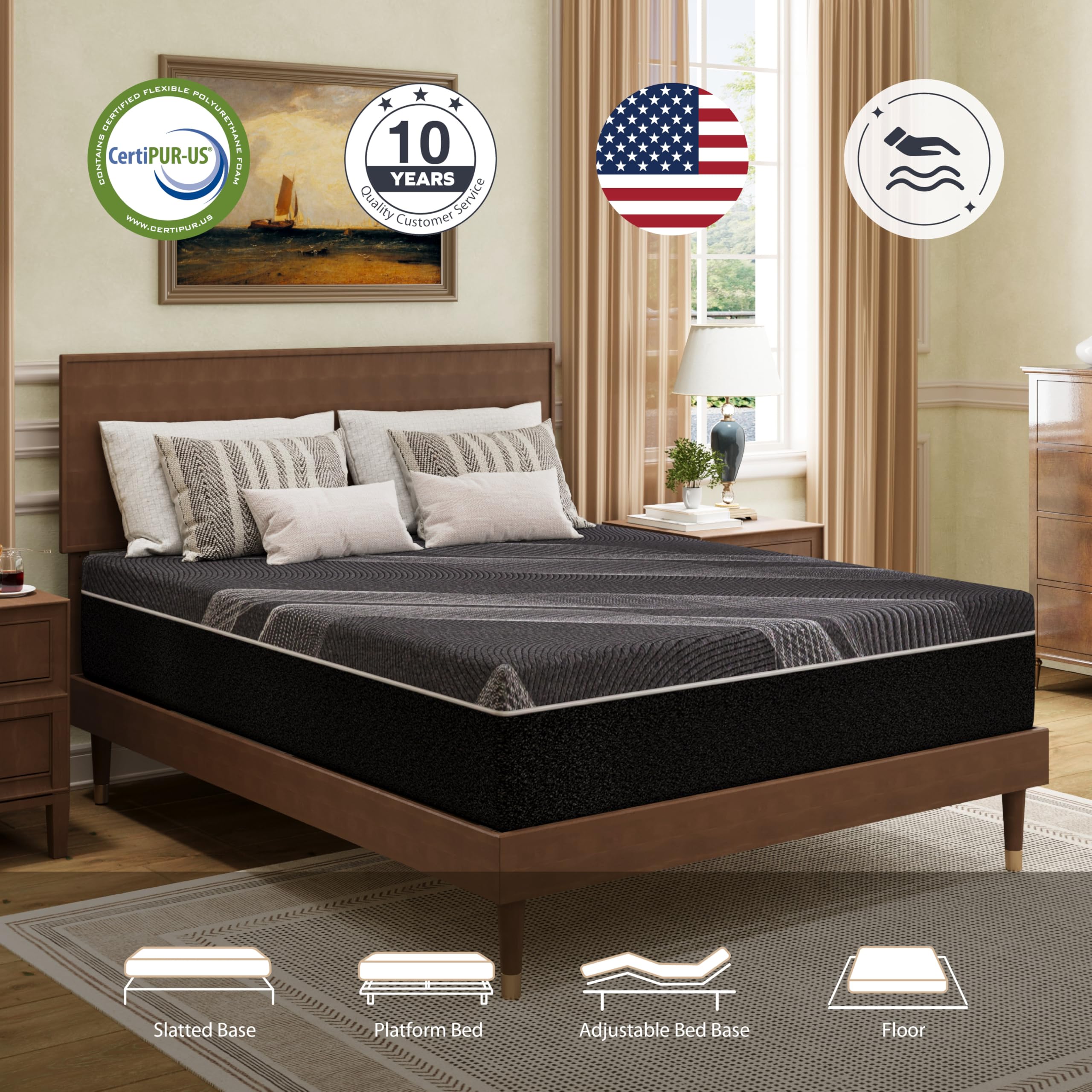 Dyonery Queen Mattress 12 Inch Charcoal Memory Foam Mattress In A Box, Certipur-Us Certified, Fiberglass Free, Gel Double Mattre