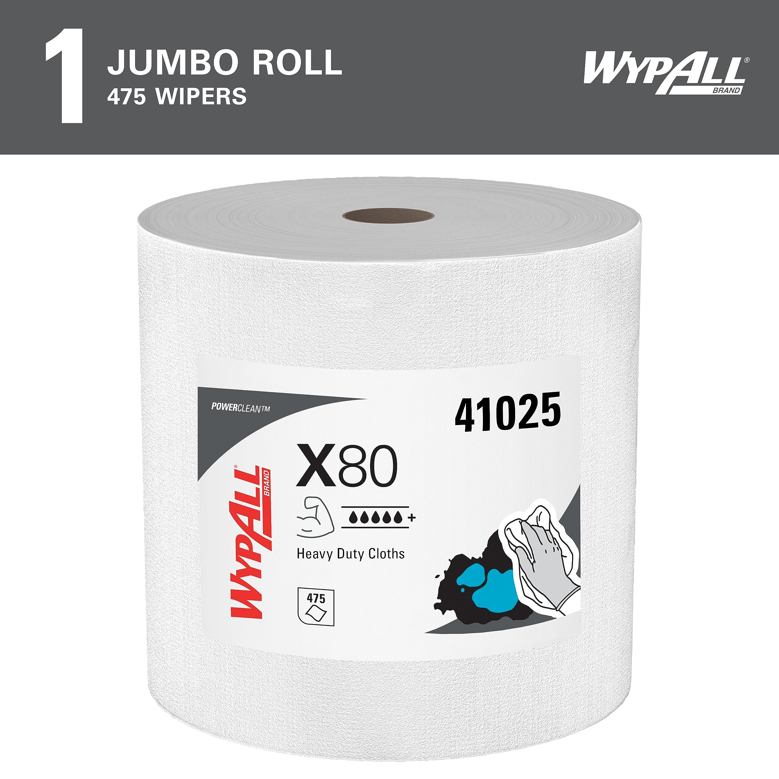 Wypall Power Clean X80 Heavy Duty Cloths (41025), Extended Use Cloths Jumbo Roll, White, 475 Sheets / Roll; 1 Roll / Case