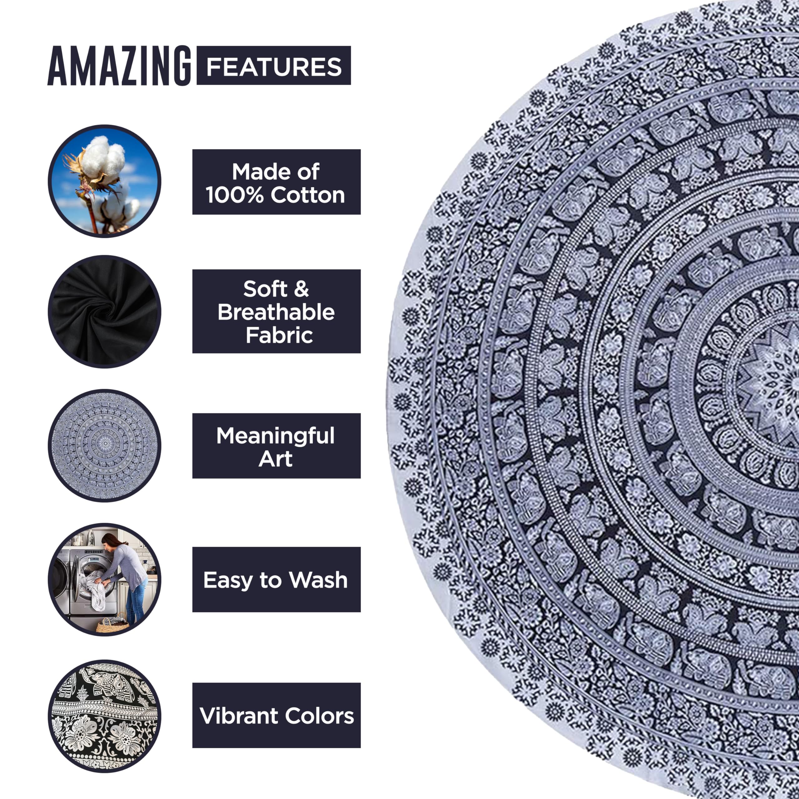 Raajsee Black White Round Beach Tapestry Hippie/Boho Beach Blanket Mandala Roundie/Indian Cotton Throw - Round Table Cloth/Home