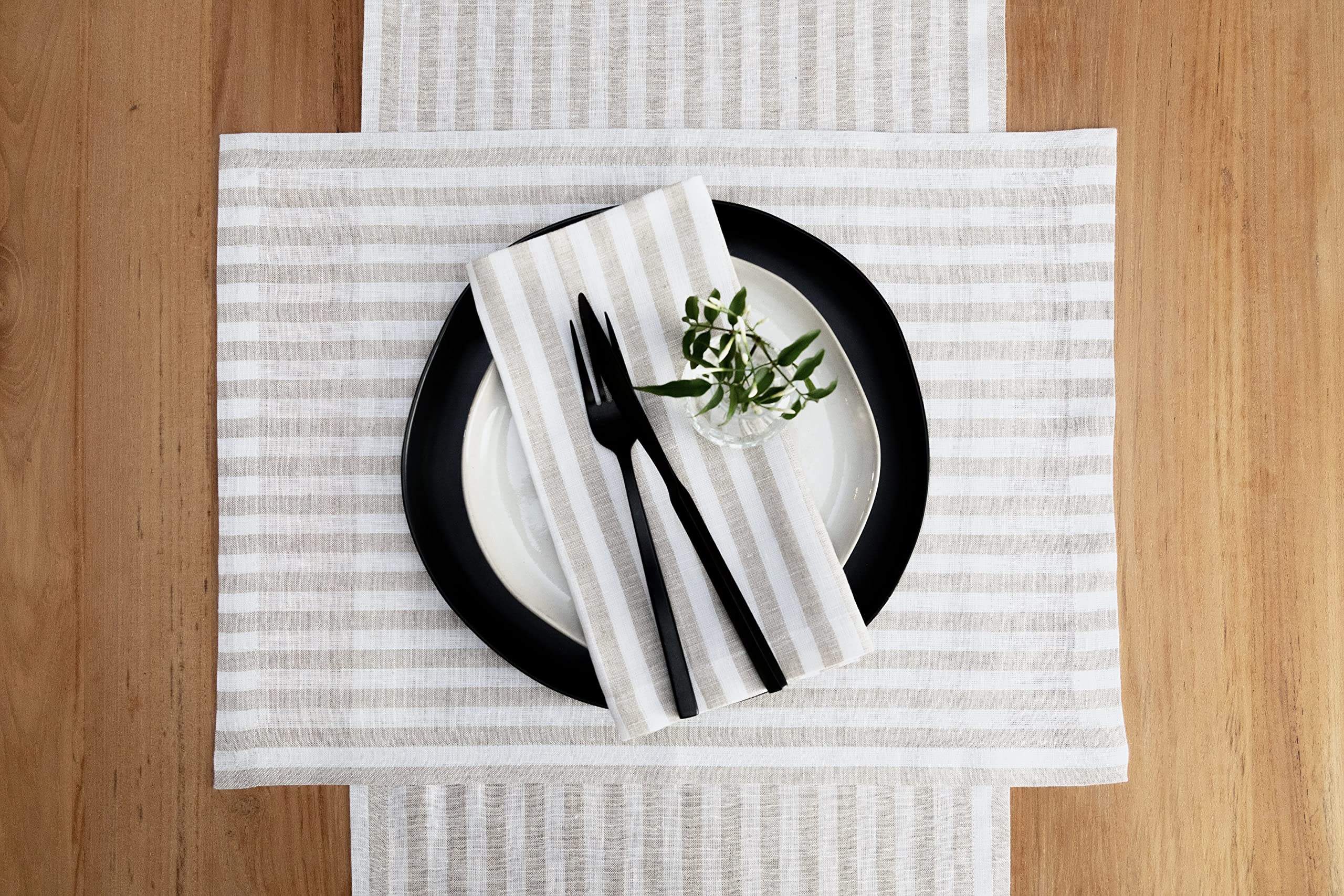 Solino Home Stripe Linen Dinner Napkins 20 X 20 Inch - 100% Pure Linen Natural And White Cloth Napkins Set Of 4 - Amalfi Stripe,