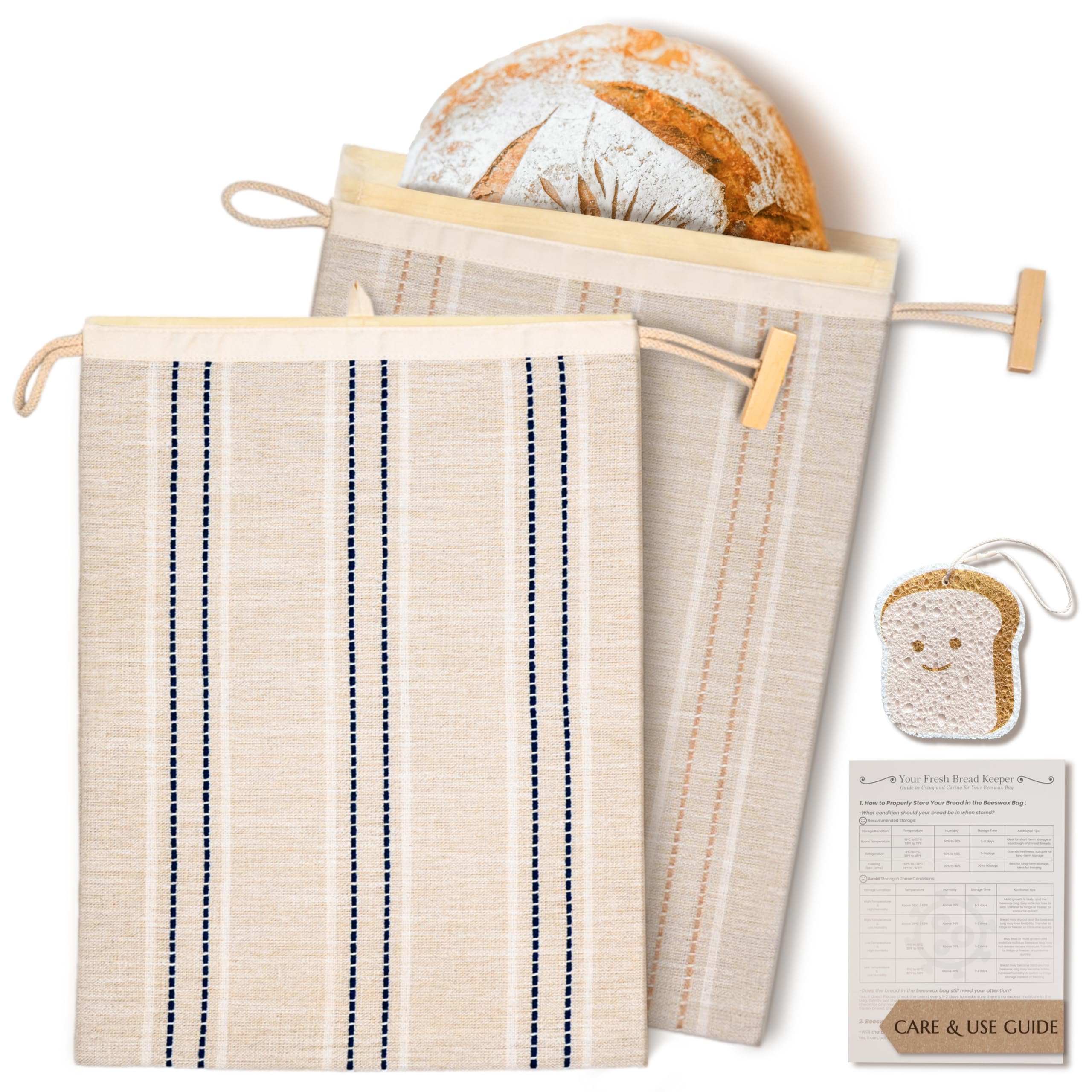 JACYAOS Beeswax Bread Bags for Sourdough (2 Pack), Sourdough Bread Bags with Removable Beeswax Lining, Cute Cleaning Sponge and
