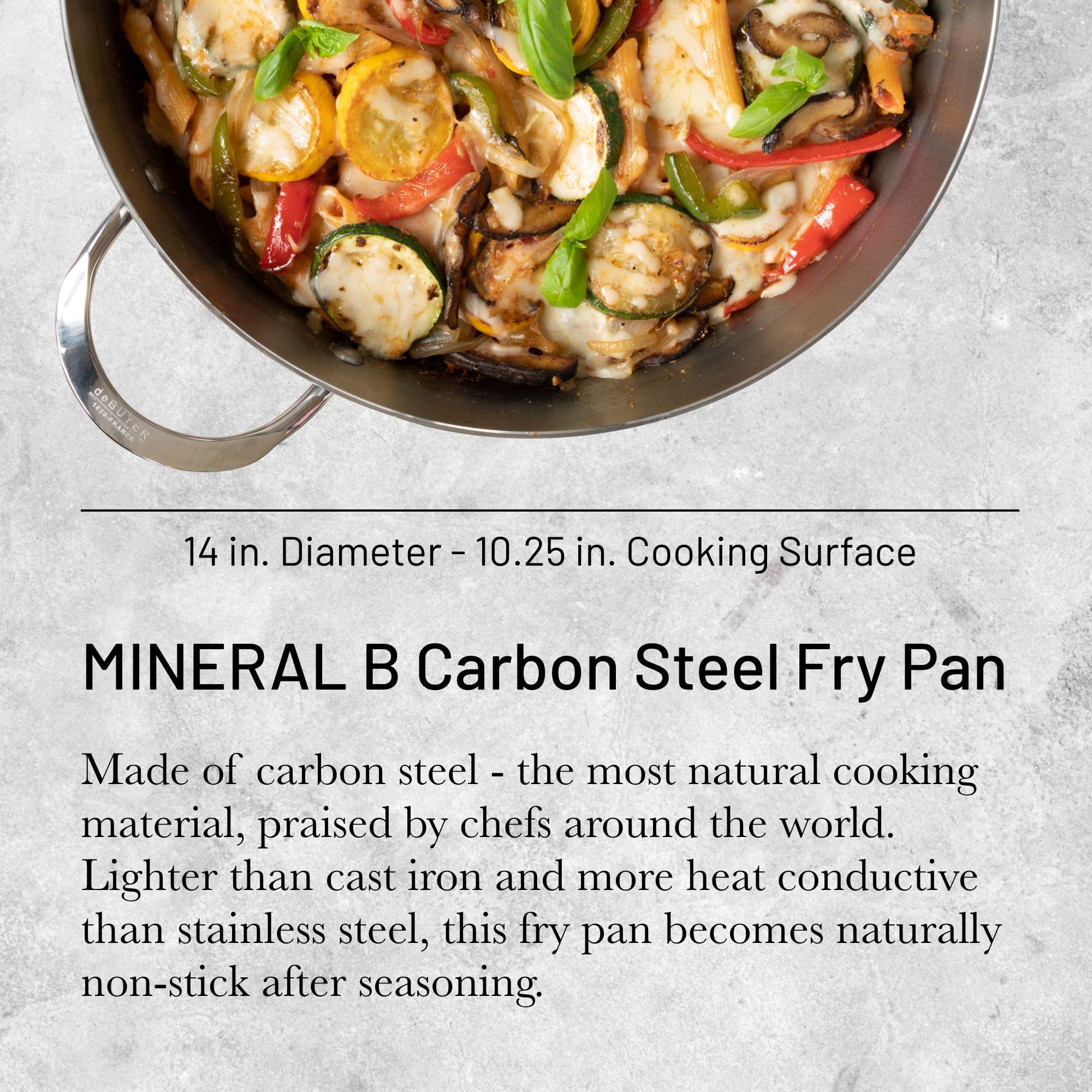 De Buyer Mineral B Carbon Steel Fry Pan - 14    - Ideal For Searing, Sauteing & Reheating - Naturally Nonstick - Made In France