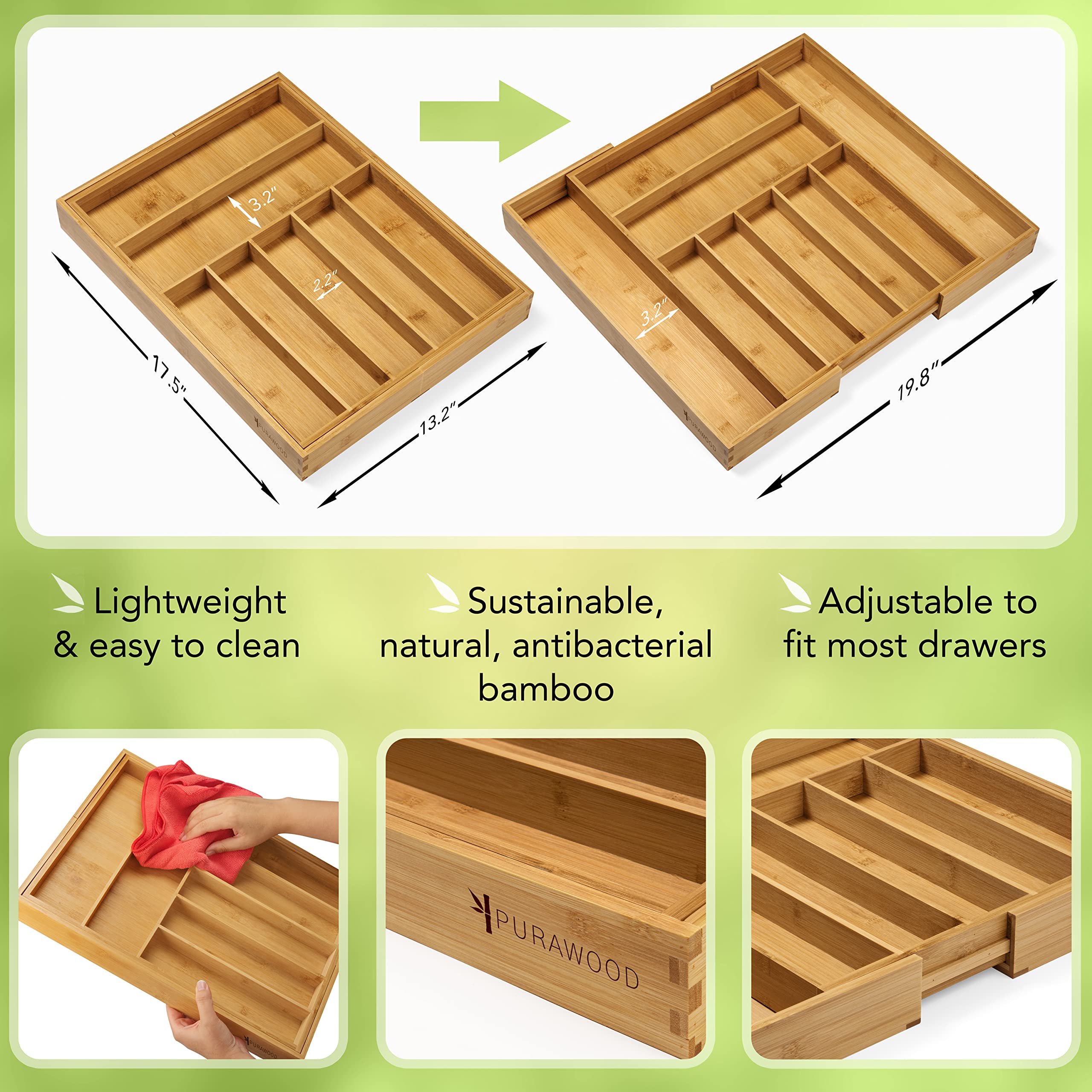 Purawood Bamboo Silverware Organizer - Expandable Cutlery Tray, 2 Pack, Natural, Model PW792