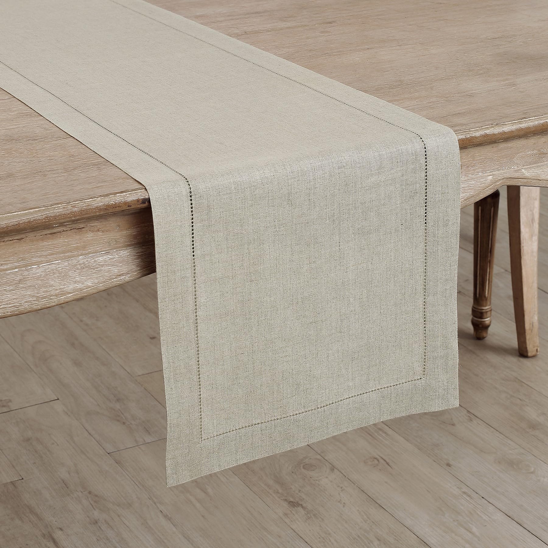 Solino Home Natural Linen Table Runner 120 Inches Long - 100% Pure Linen Classic Hemstitch Table Runner 14 X 120 Inch - Machine