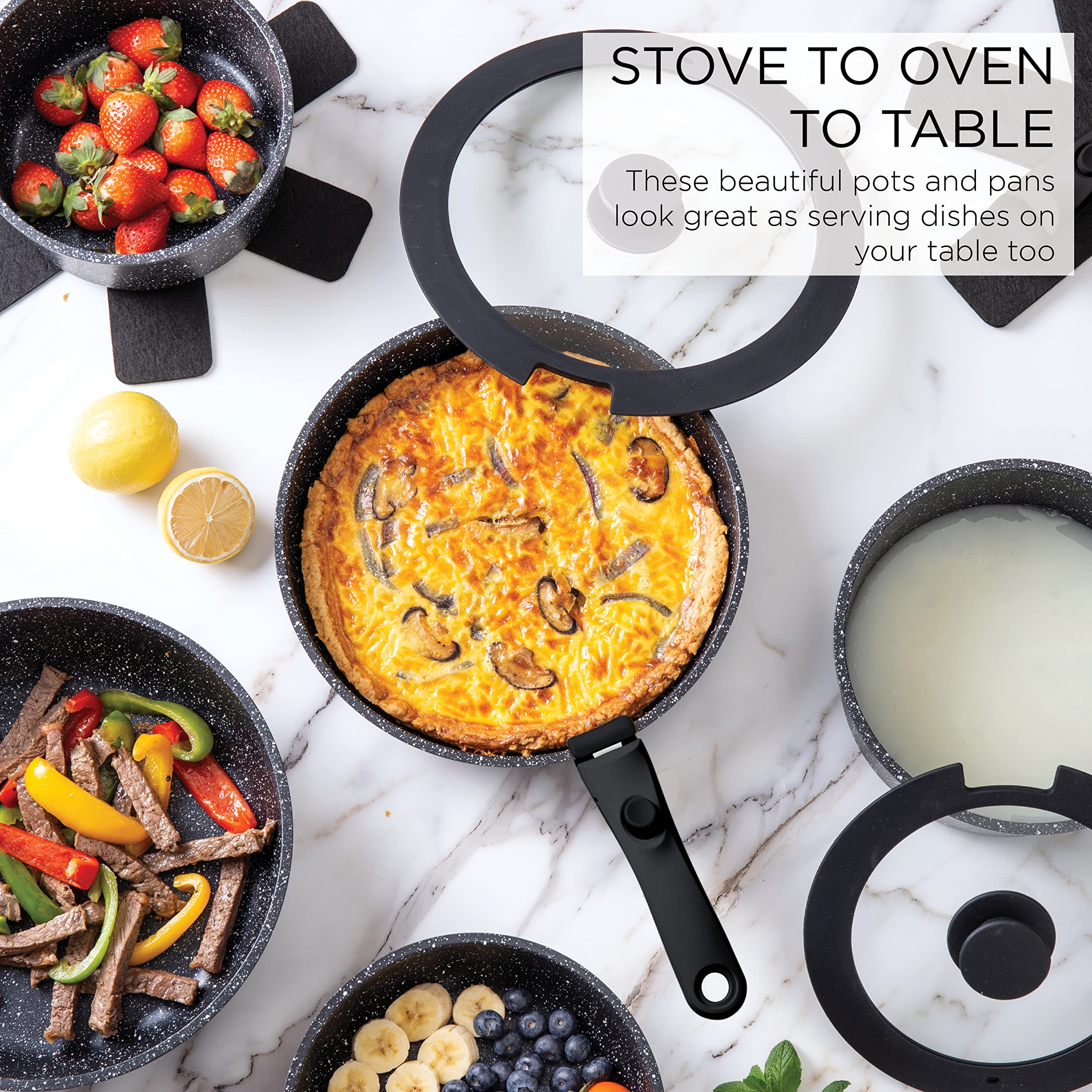 Country Kitchen 13 Piece Pots and Pans Set - Safe Nonstick Kitchen Cookware with Removable Handle, RV Cookware Set, Oven Safe (B