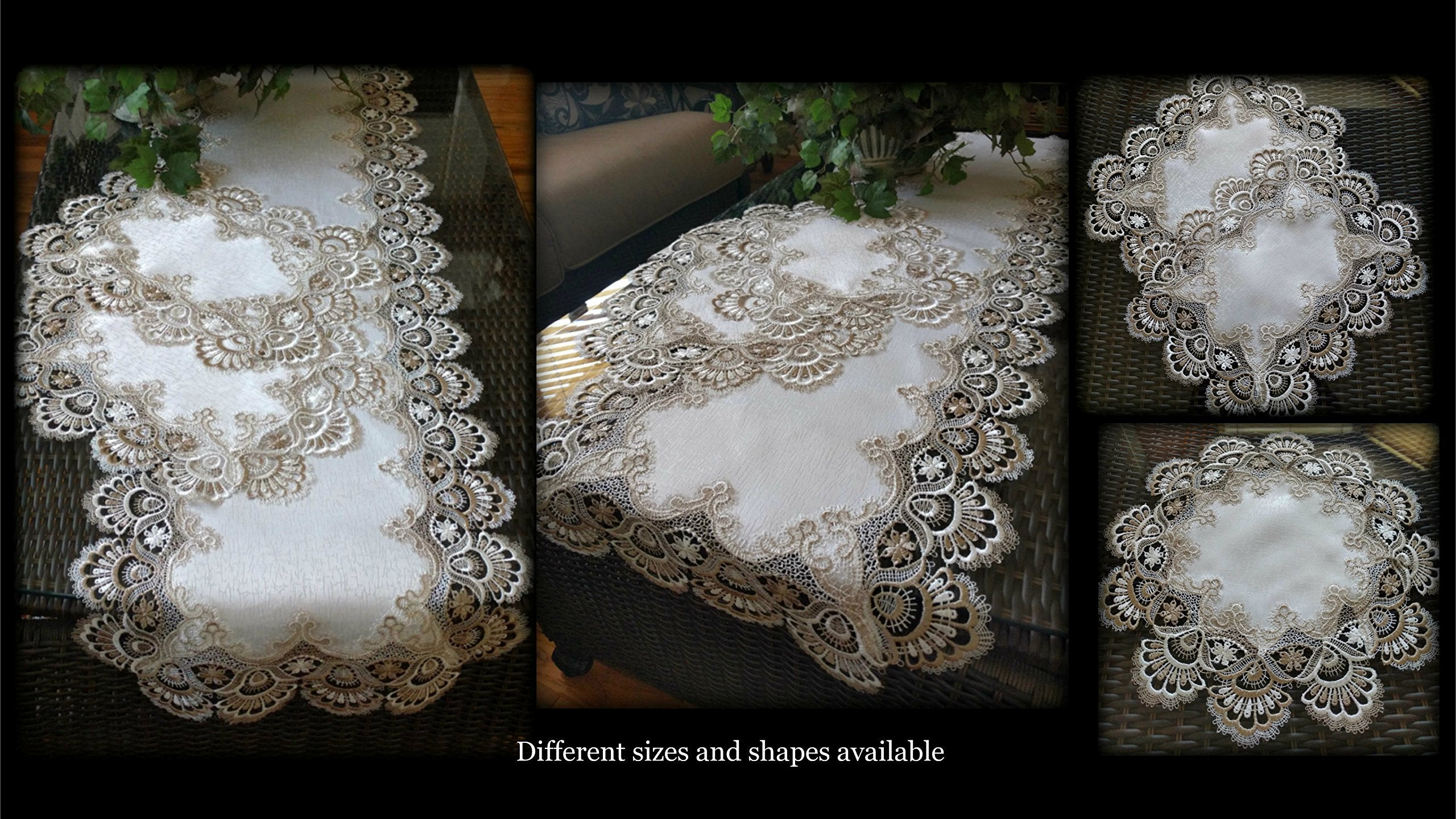 Galleria Di Giovanni 34'' X-Large Lace Doily Table Topper Taupe Neutrals & White Tablecloth Round Dresser Scarf