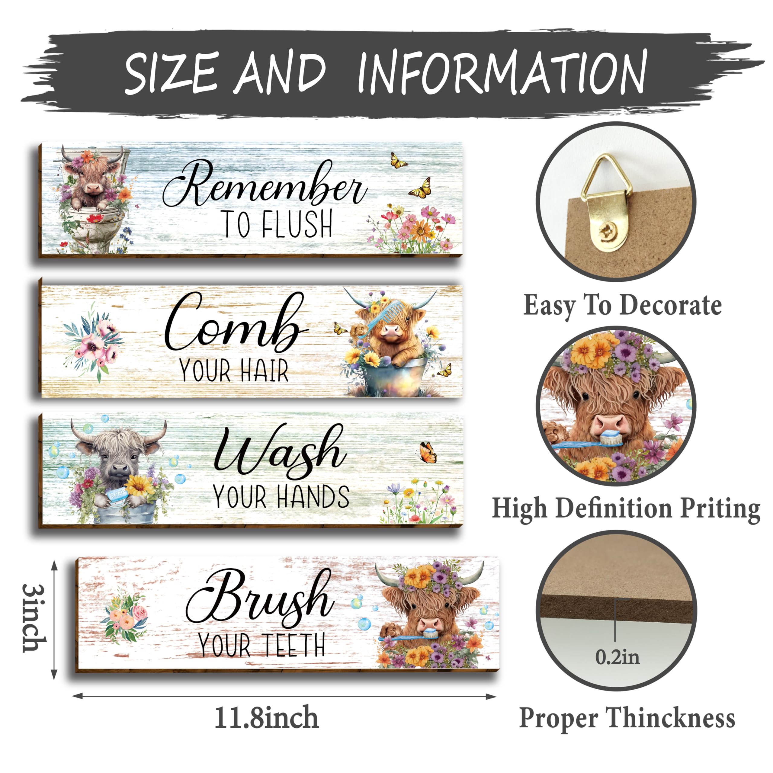 Vagafilla 4-Piece Highland Cow Bathroom Wall Decor - Rustic Wooden Farmhouse Wall Art - Perfect for Bedroom, Bathroom, Living Ro