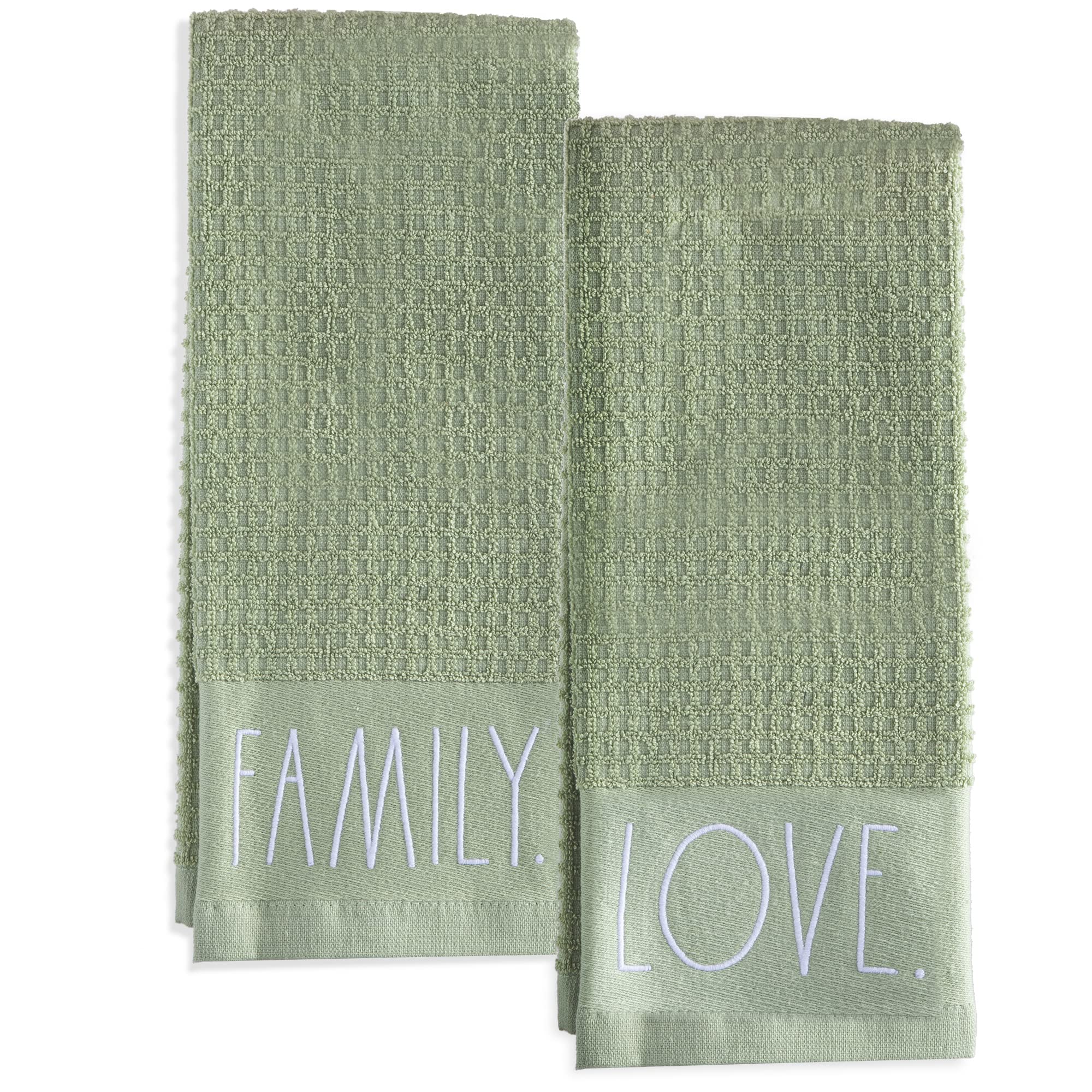 Rae Dunn Set of Hand Towels for Kitchen and Bathroom, 100% Cotton, Embroidered Dish Towels, Decorative Hand Towels, Sage- Love/F
