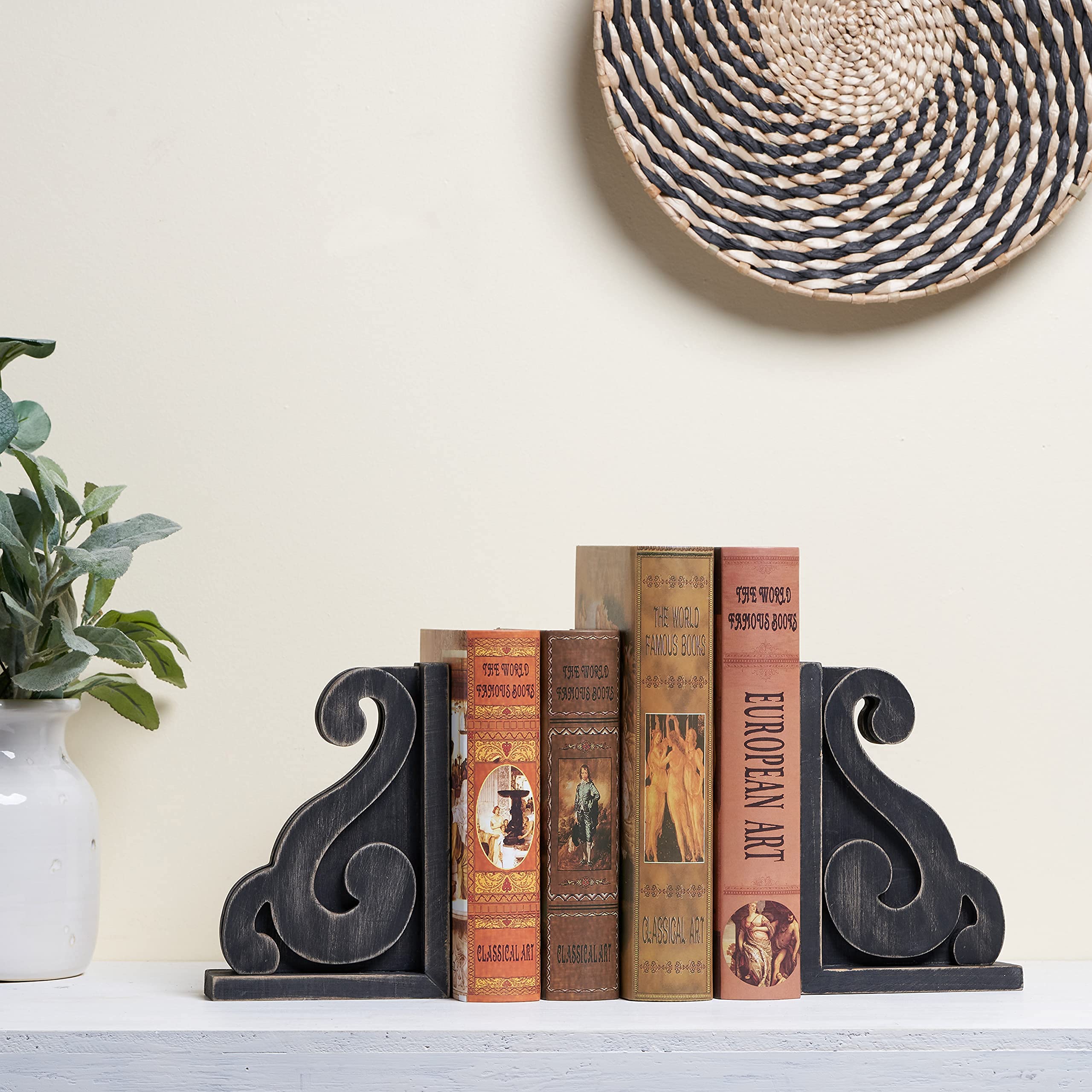 GENMOUS Rustic Distressed Vintage Scroll Corbel Bookends,Farmhouse Black Wood Decorative Bookends,Rustic Corbels Shelf Brackets,