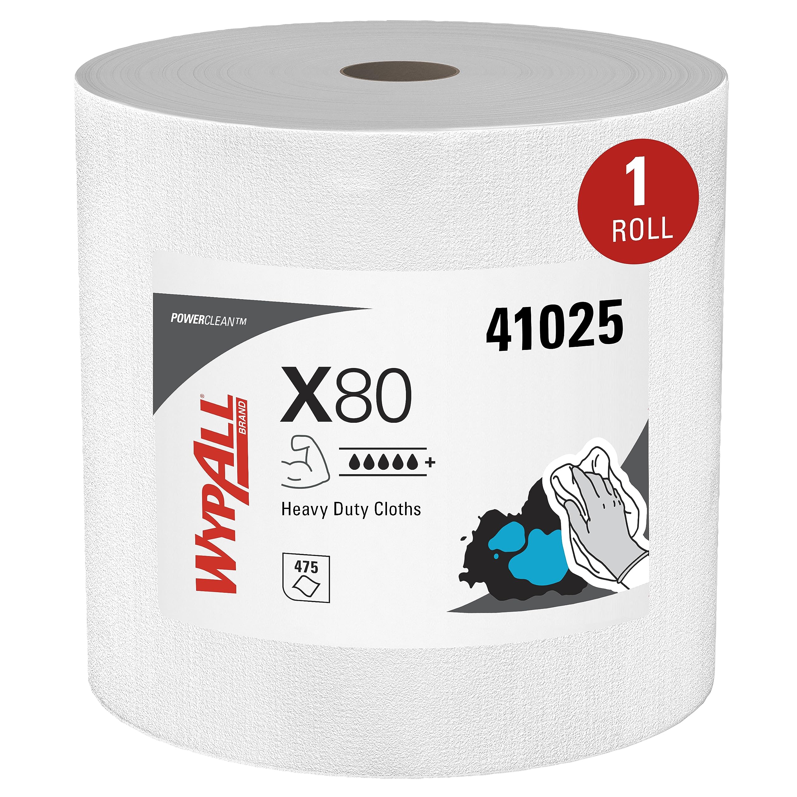 Wypall Power Clean X80 Heavy Duty Cloths (41025), Extended Use Cloths Jumbo Roll, White, 475 Sheets / Roll; 1 Roll / Case