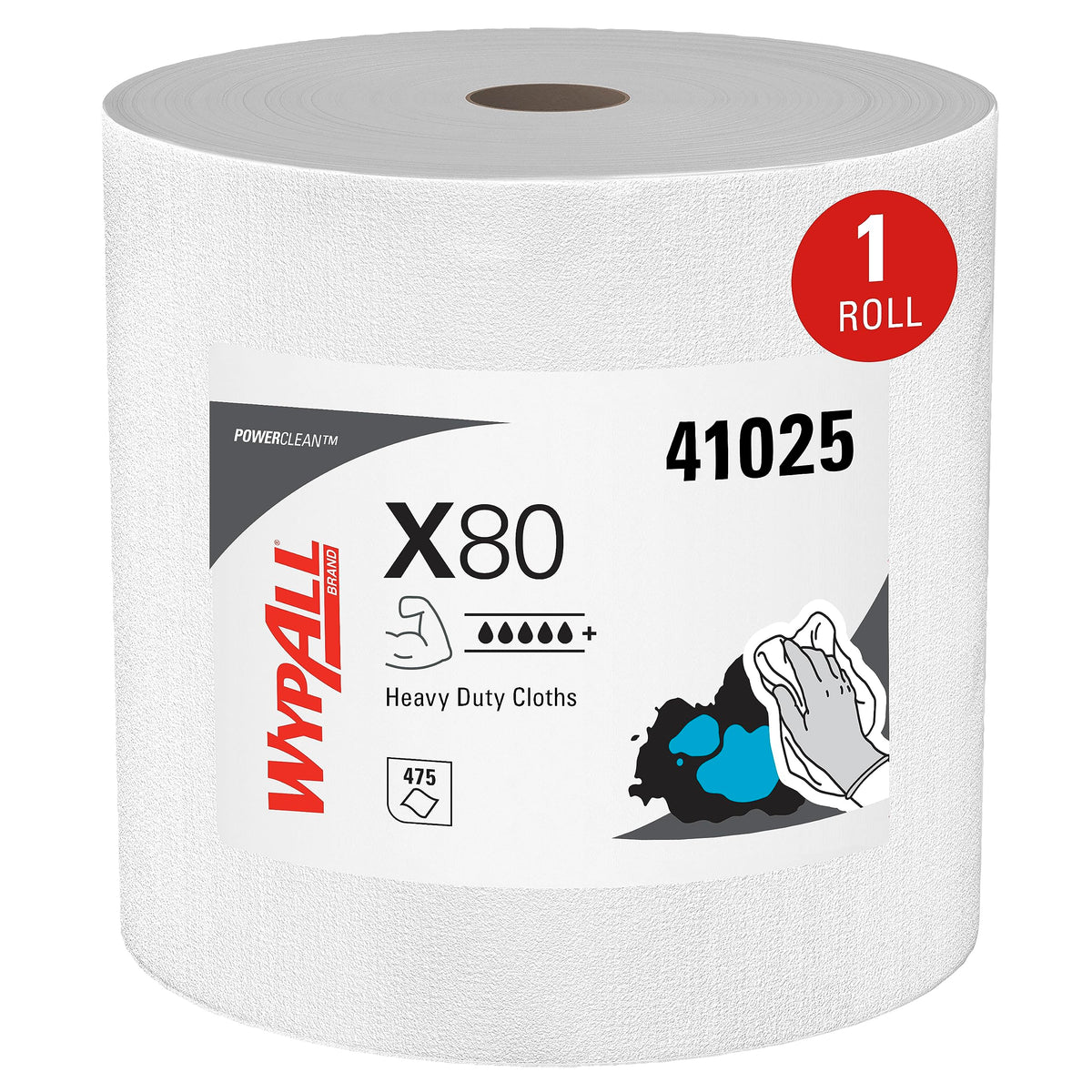 Wypall Power Clean X80 Heavy Duty Cloths (41025), Extended Use Cloths Jumbo Roll, White, 475 Sheets / Roll; 1 Roll / Case