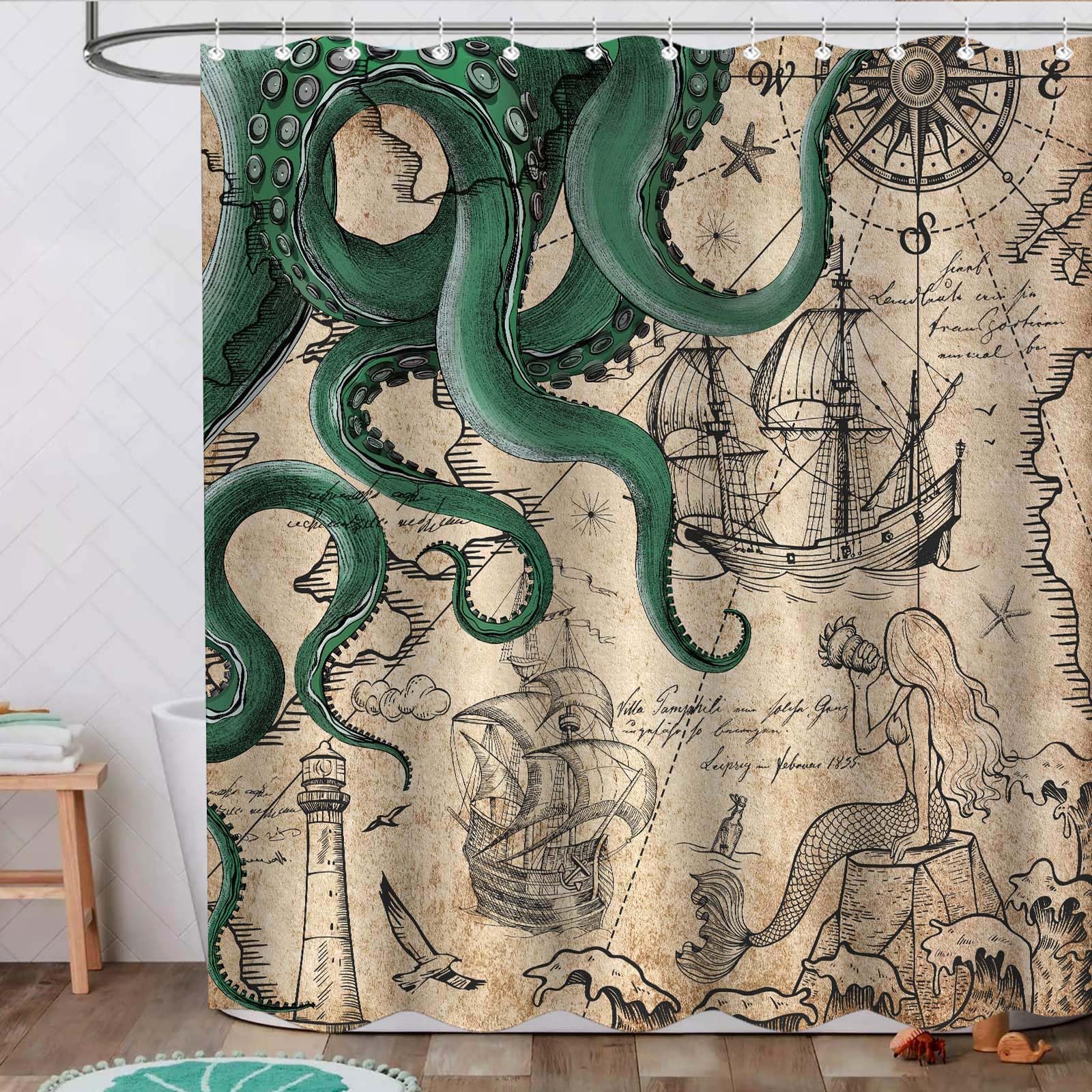 Fungarth Vintage Green Nautical Octopus Shower Curtain Mermaid Funny Ocean Kraken Shower Curtains For Bathroom Cool Anchor Coast