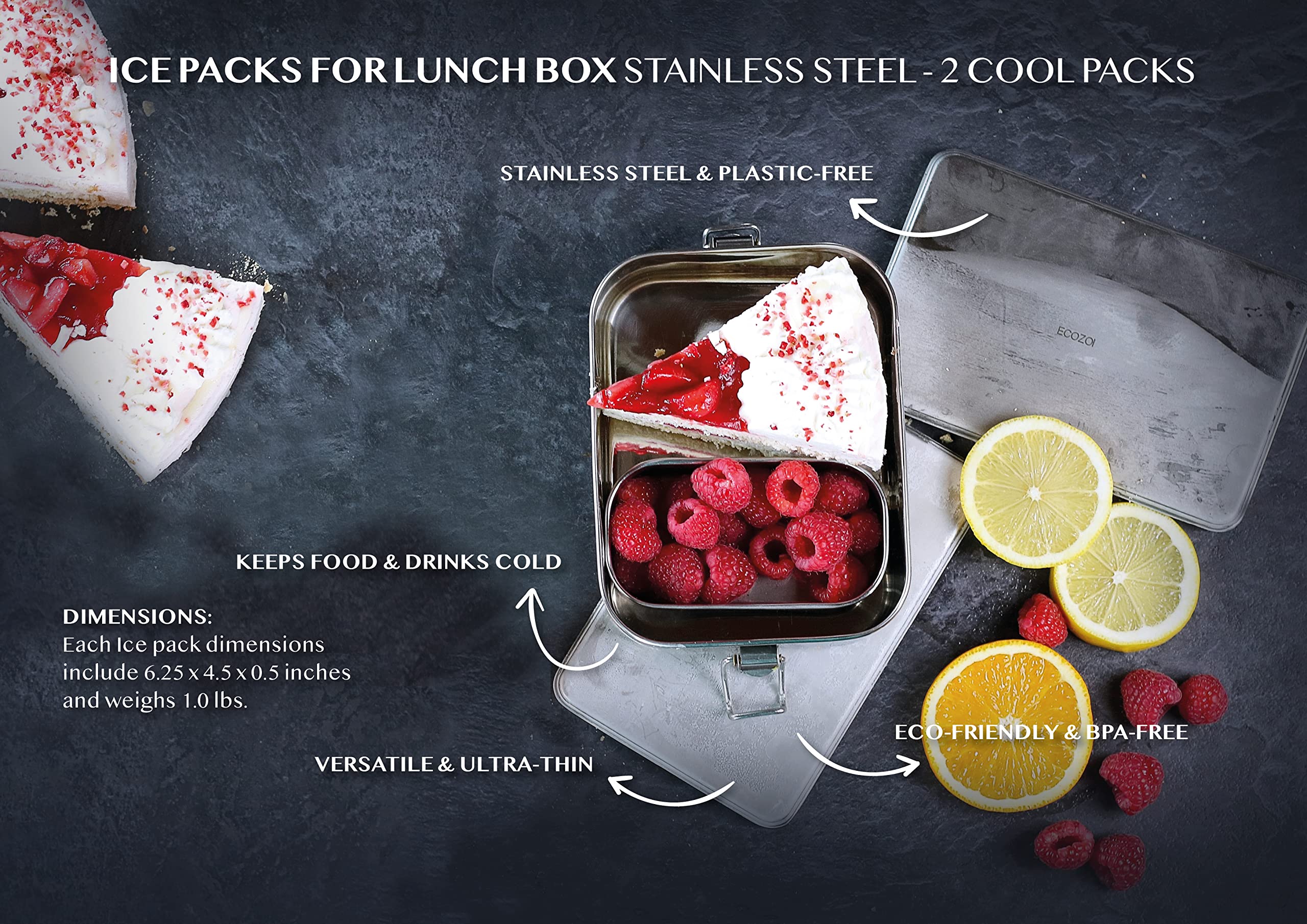Ecozoi Stainless Steel Lunch Chillers - Ice Packs For Lunch Bags, Lunch Boxes, Bento Boxes And Coolers - 2 Pack, Plastic-Free An