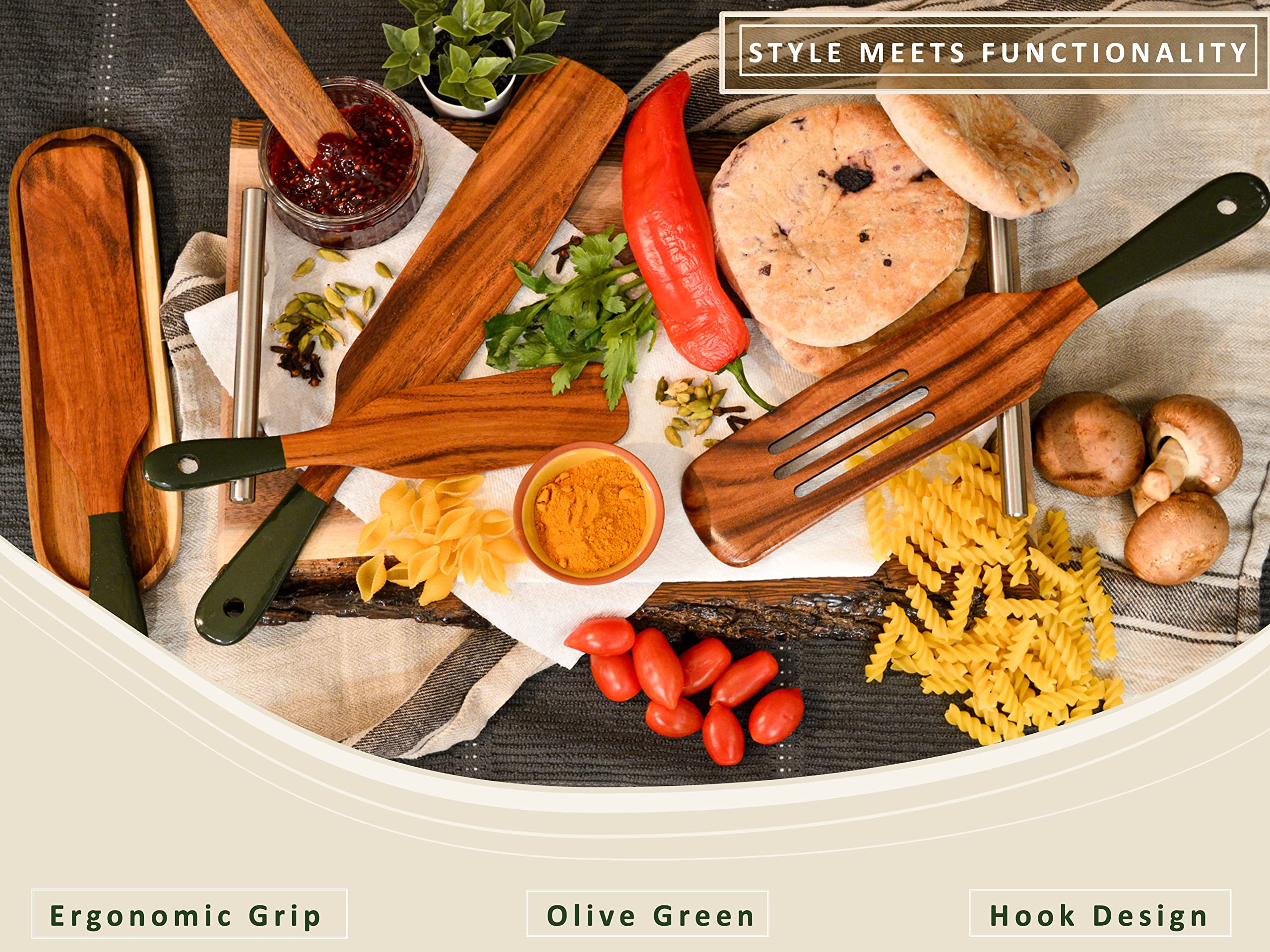 6Pcs Spurtle With Spoon Rest, Wooden Spatula Olive Green, Wooden Utensils For Cooking, Wooden Spatula, Wooden Kitchen Utensil Se
