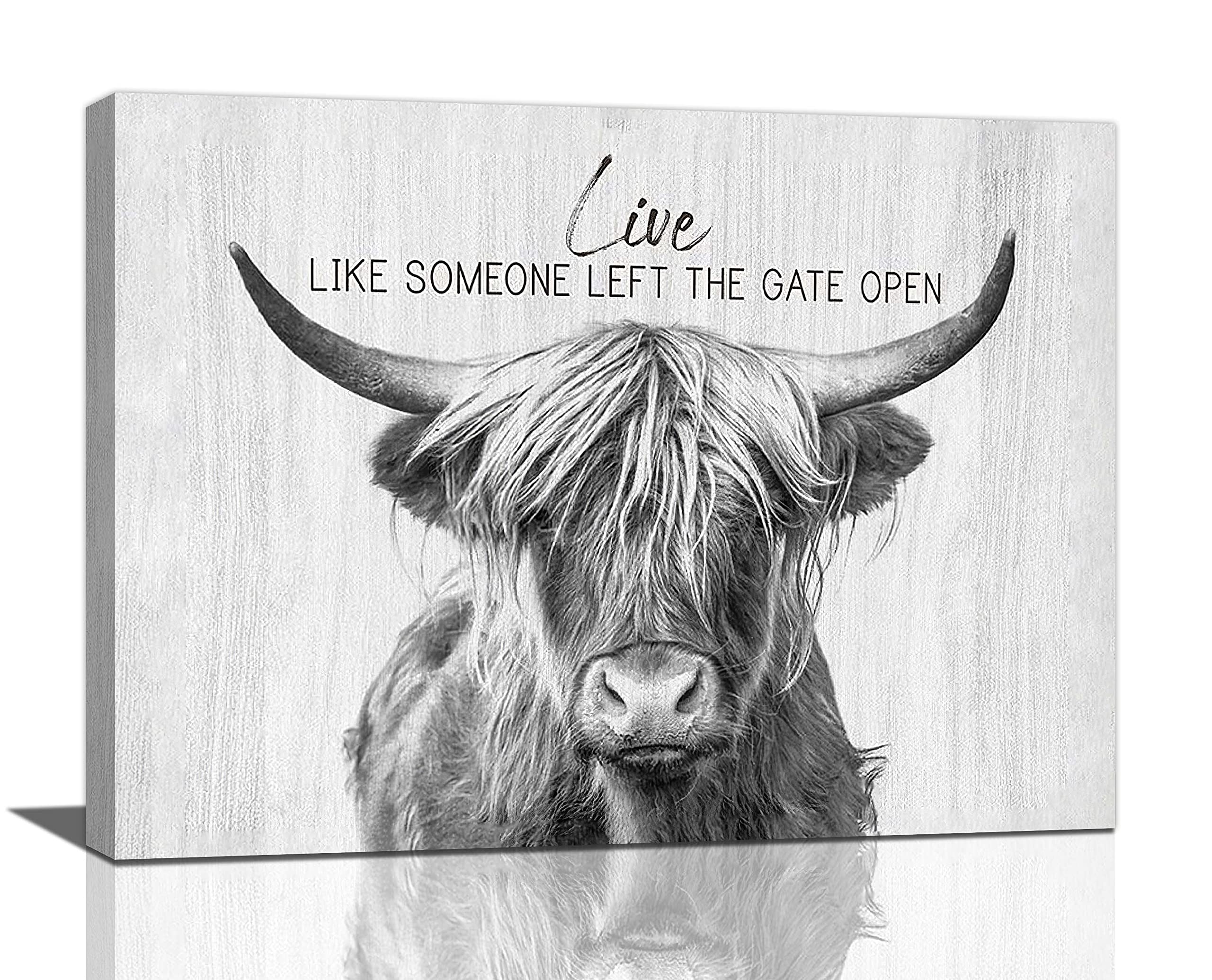 Taimeng Farmhouse Highland Cow Wall Art Black And White Cow Bathroom Pictures Decor Rustic Cattle Canvas Painting Country Cow De