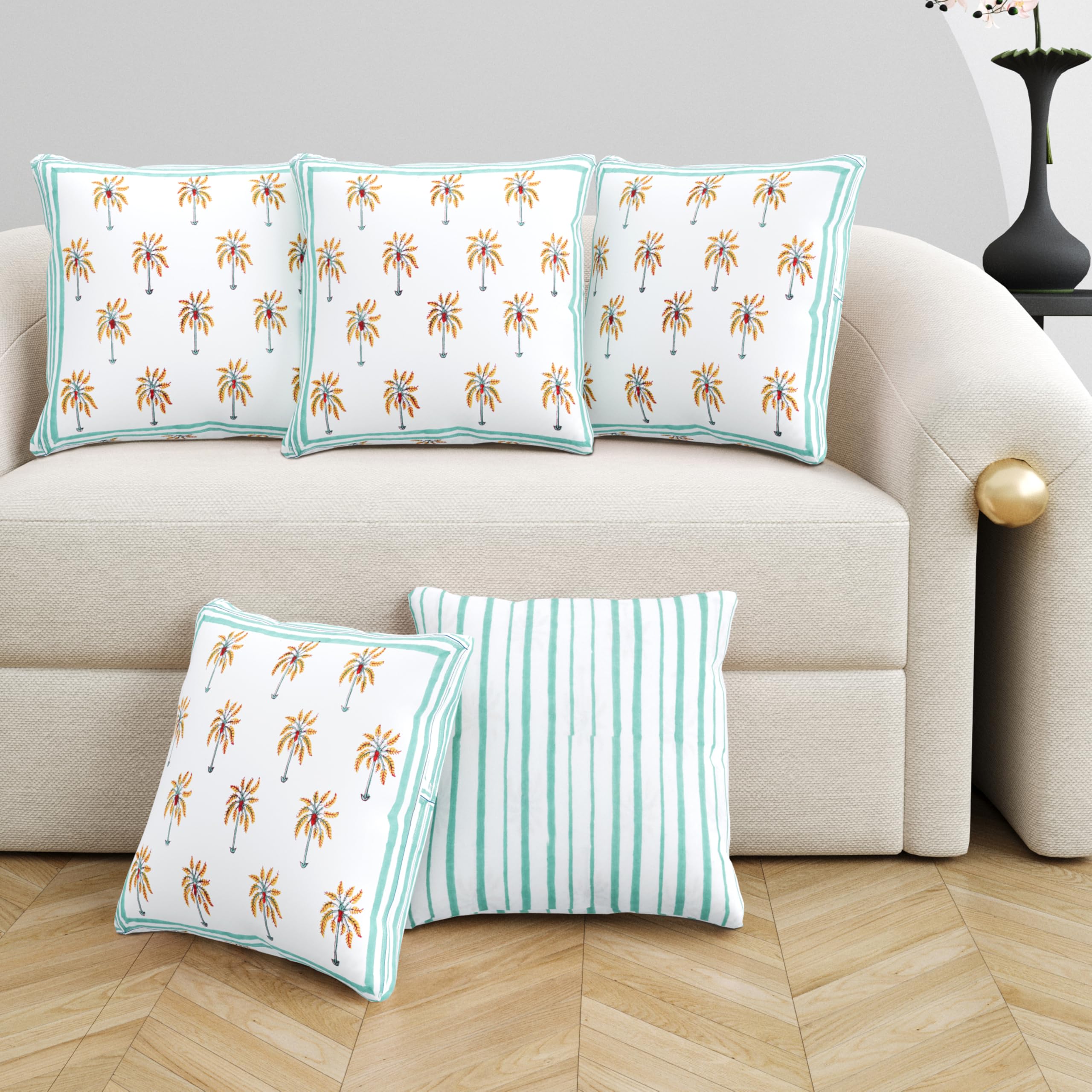 Blocks Of India Hand Block Printed Cotton Cushion Cover (16 X 16 Inches) (5, Green Yellow Coco)