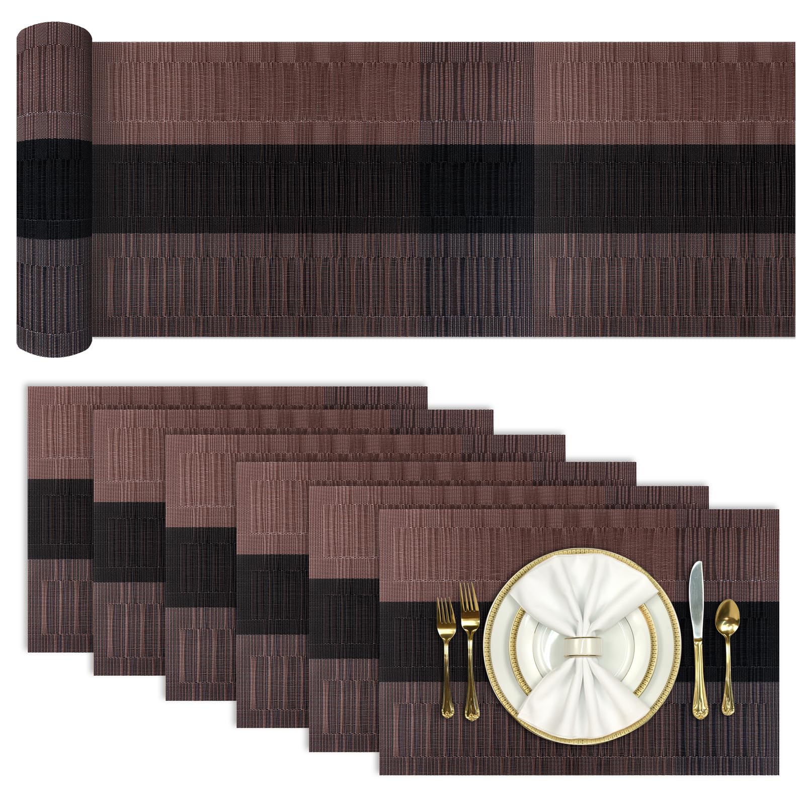 Aofmee Table Runner And Placemats Set Of 6 Washable, Heat Resistant Place Mats With Table Runner, Woven Vinyl Table Placemats Fo