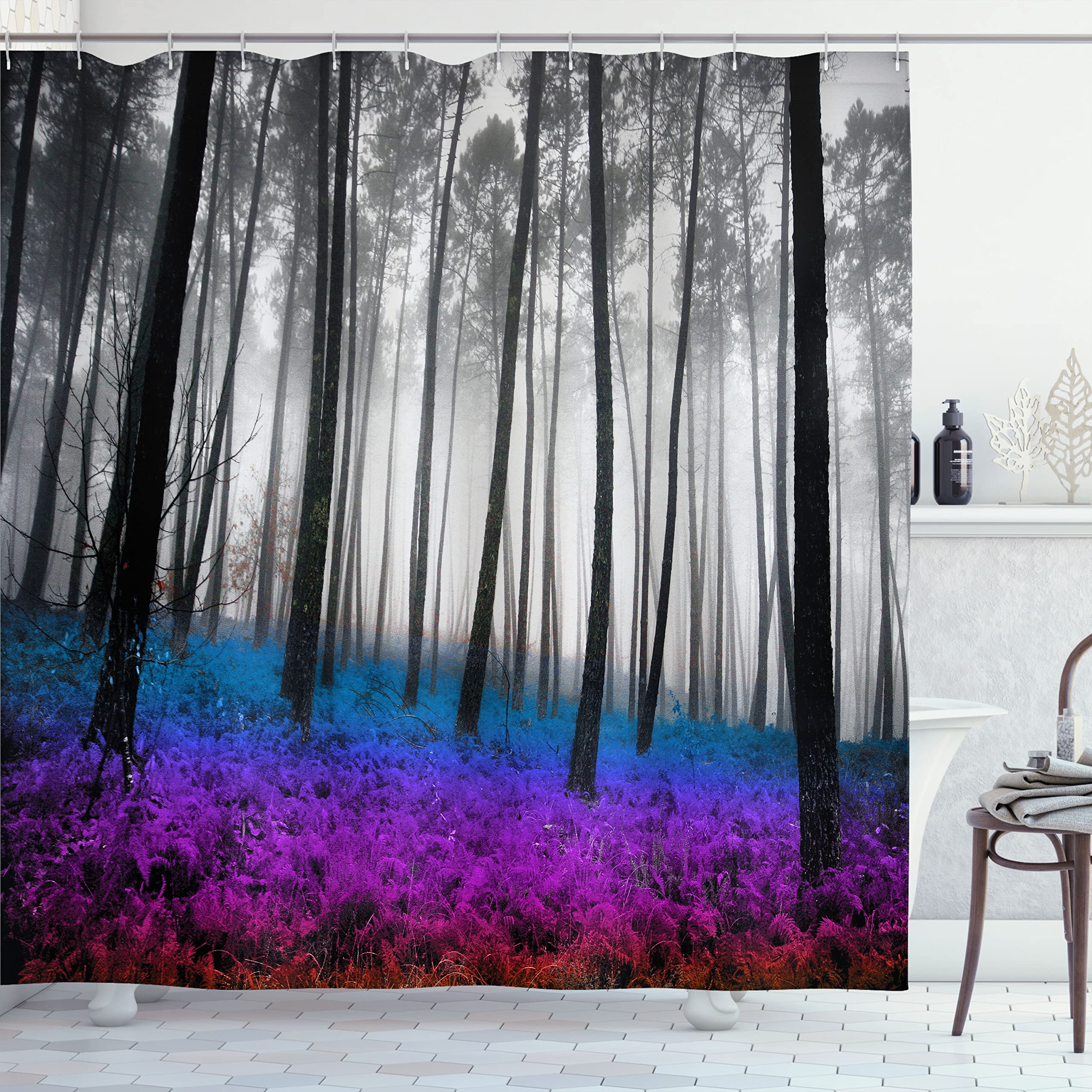 Ambesonne Forest Shower Curtain, Mystical Fantasy Woodland Under Heavy Fog Tall Trees Bushes Contrast Colors, Cloth Fabric Bathr