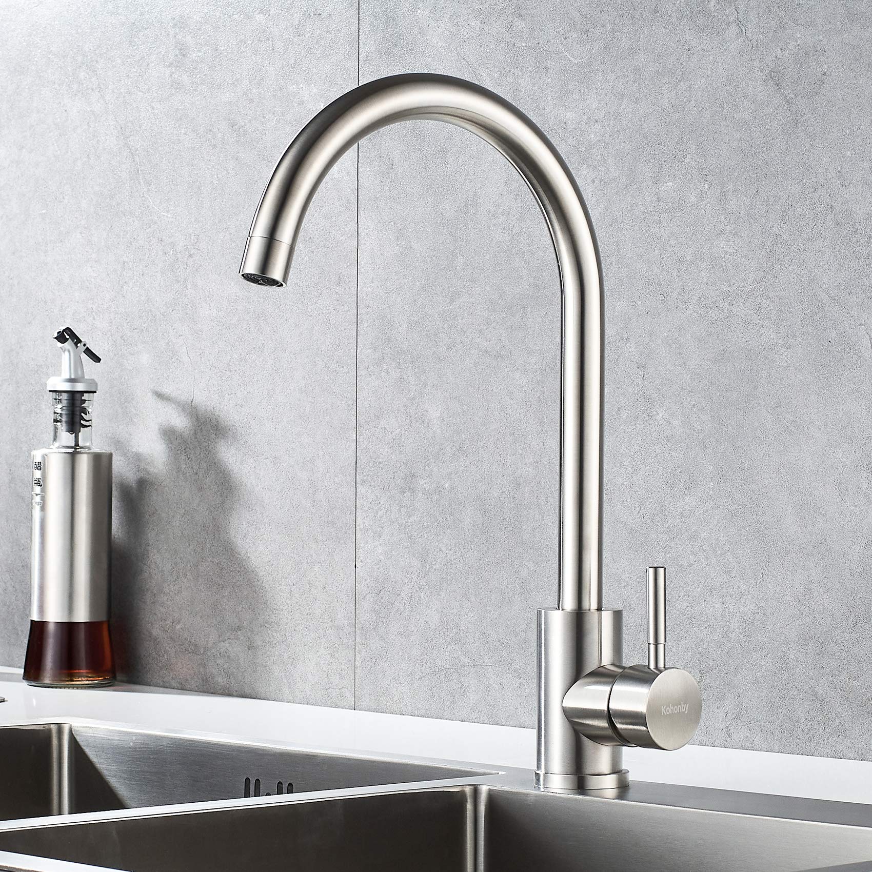 Kohonby Single Handle High Arc Kitchen Faucet Stainless Steel Brushed Nickel Commercial Single Hole Kitchen Sink Faucet Modern One Hole Bar Sink Faucet