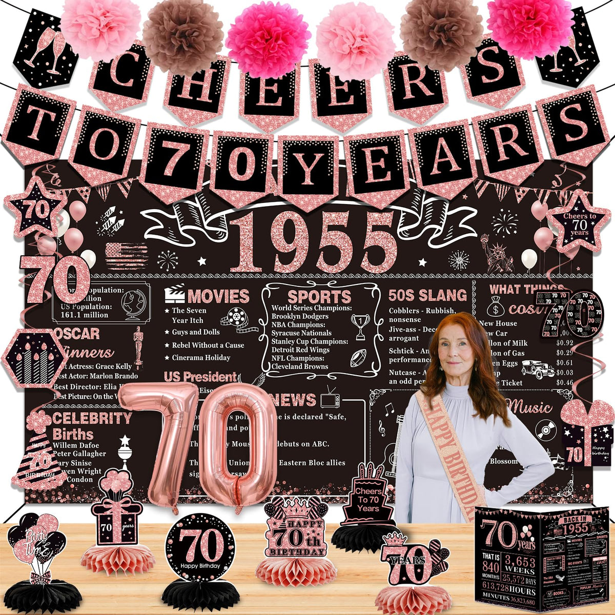 70Th Birthday Decorations For Women,24Pcs 1955 Banner Decorations,Including Banner,6 Honeycomb Topper,70 Balloons,Anniversary Ca