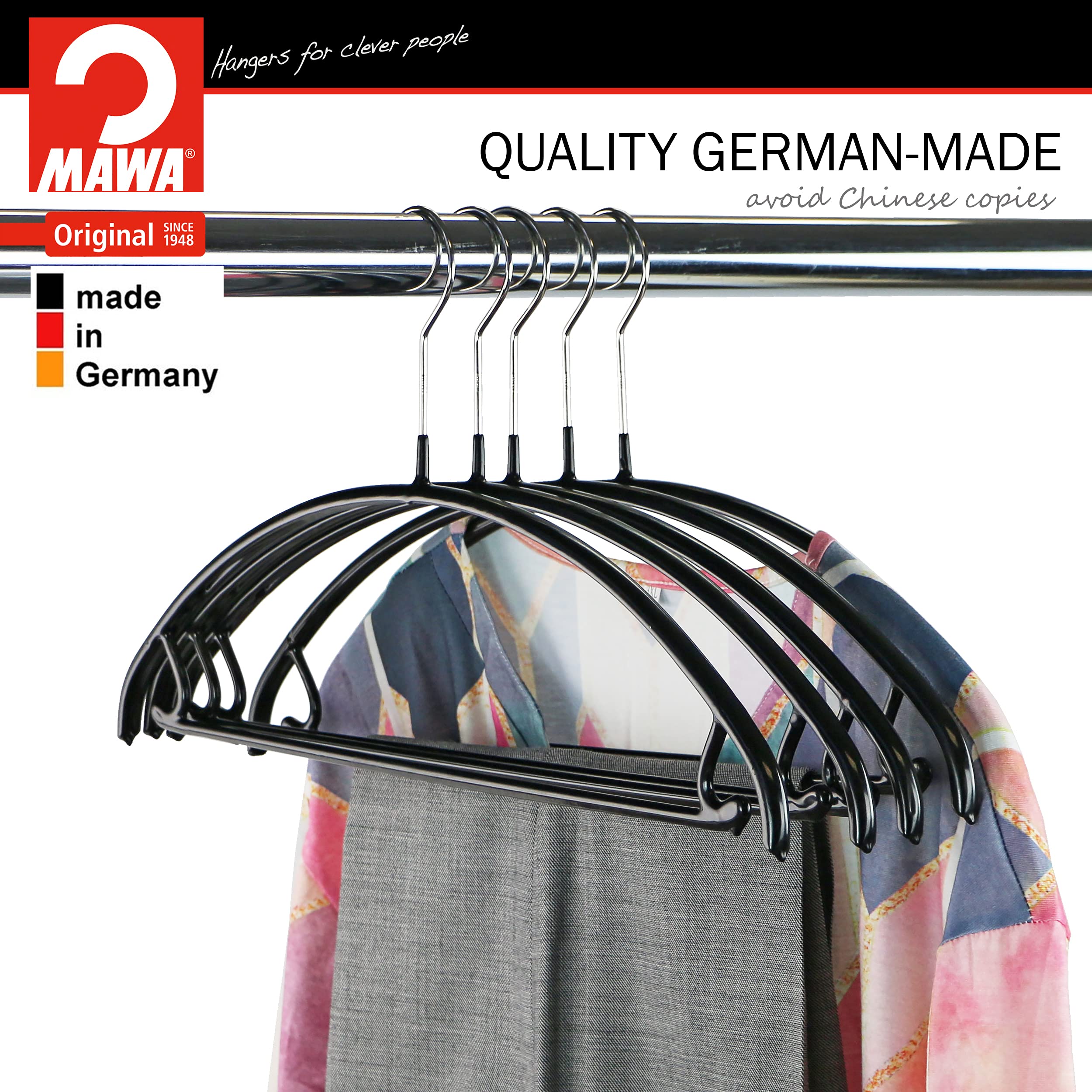 Mawa By Reston Lloyd Non Slip Metal Clothing Hanger, Smooth Shoulder Support With Skirk Hooks/Pant Bar, Model 42-U