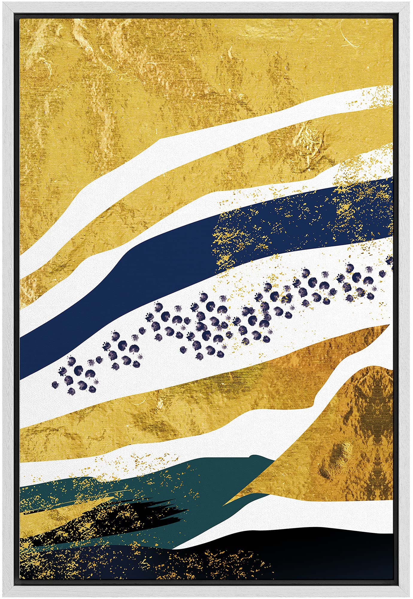 Signford Canvas Print Wall Art Gold Foil, Blue & Black Paint Strokes Abstract Shapes Illustrations Modern Art Alternative Colorf