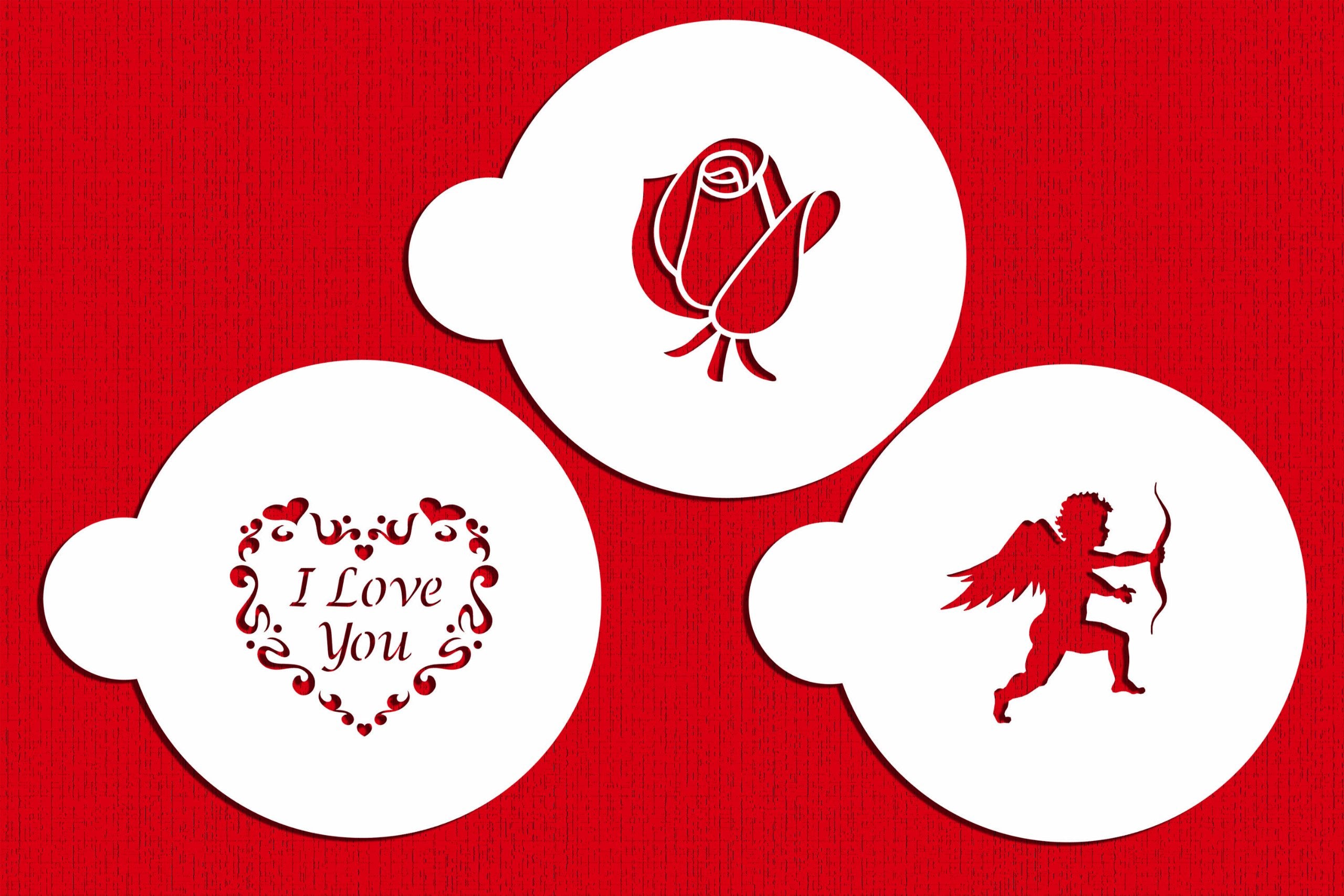 Designer Stencils I Love You Cookie Stencils, (Cupid, Rose, Heart), Beige/Semi-Transparent
