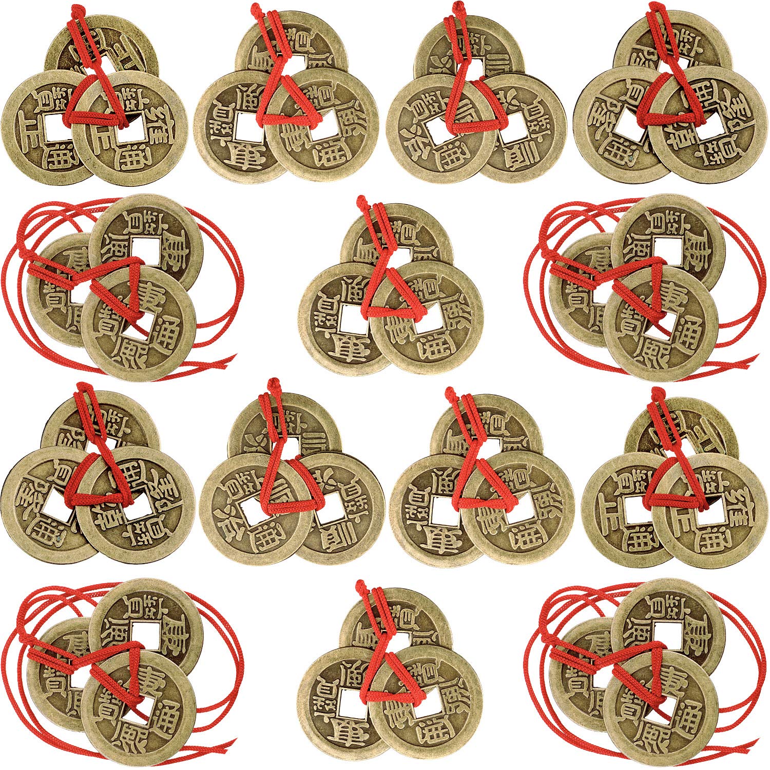 Chinese Fortune Coins Feng Shui Coins I Ching Coins Good Luck Coins Traditional Brass New Year Coins with Red String for Wealth 
