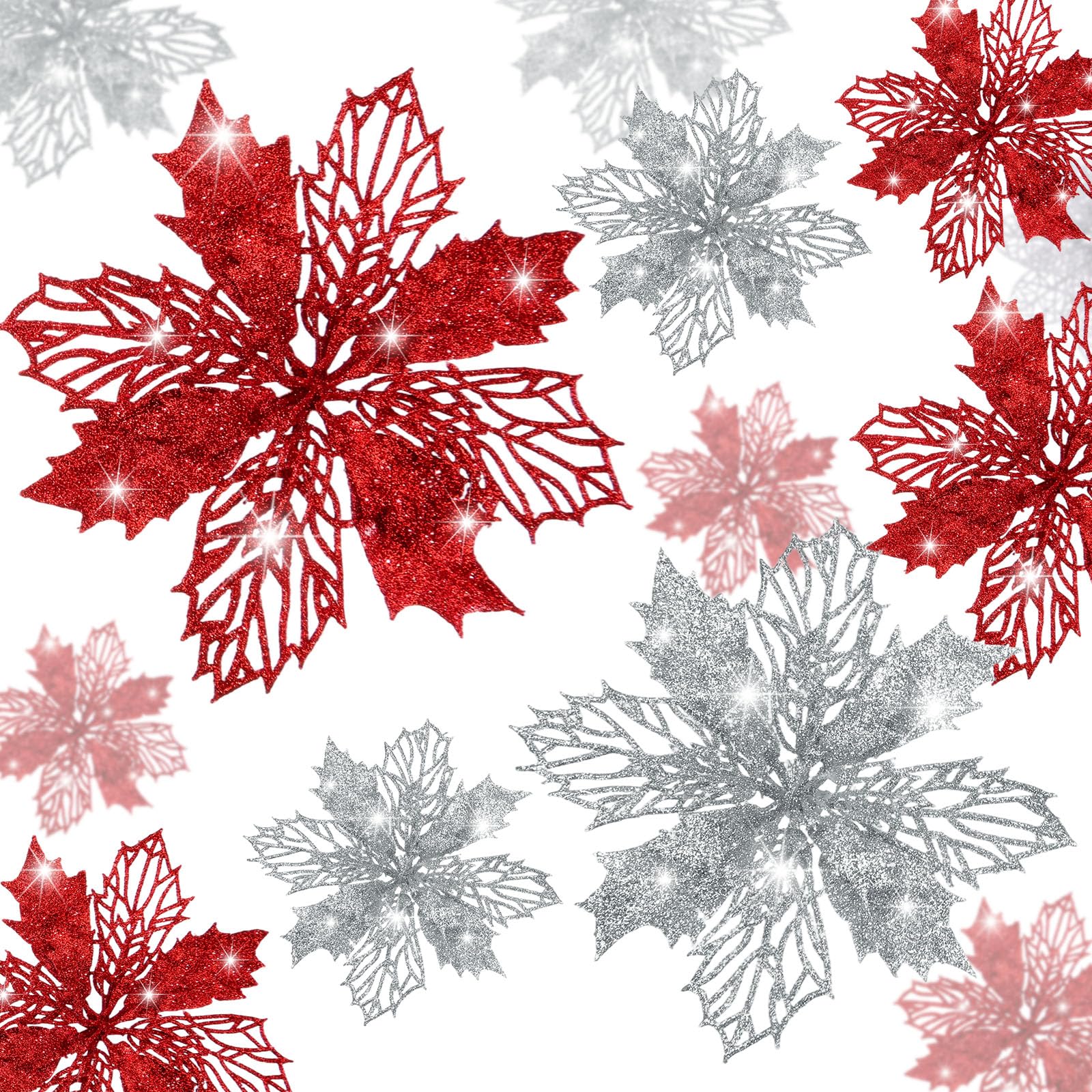 Boao 24 Pieces Red and Silver Christmas Poinsettia Flowers Glitter with Clips Christmas Ornaments Decorations for Tree Artificia