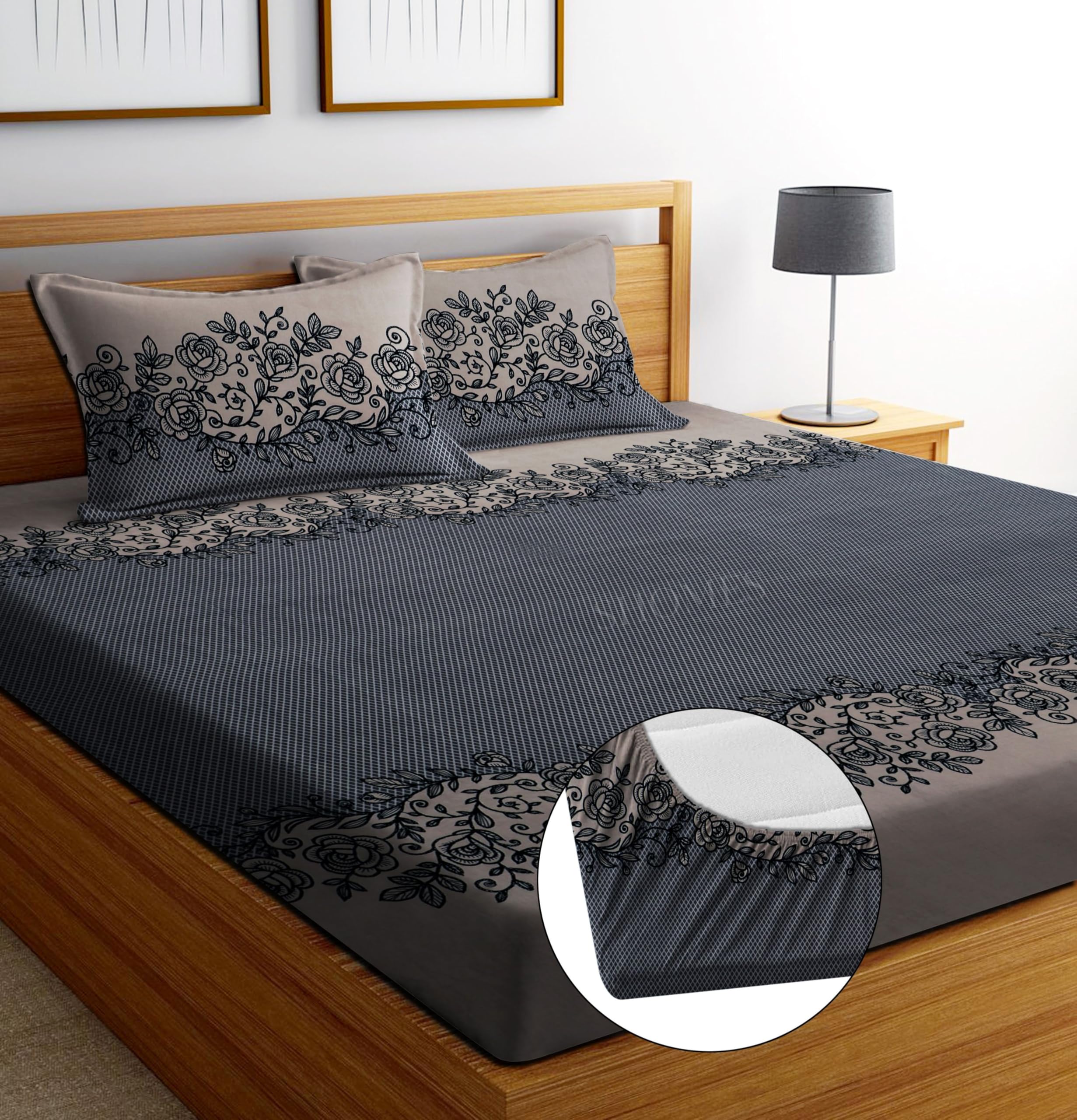 Shomes Cotton Glace Cotton Floral Elastic Fitted Bedsheet With 2 King Size Pillow Covers | Double Bed With All Around Elastic, F