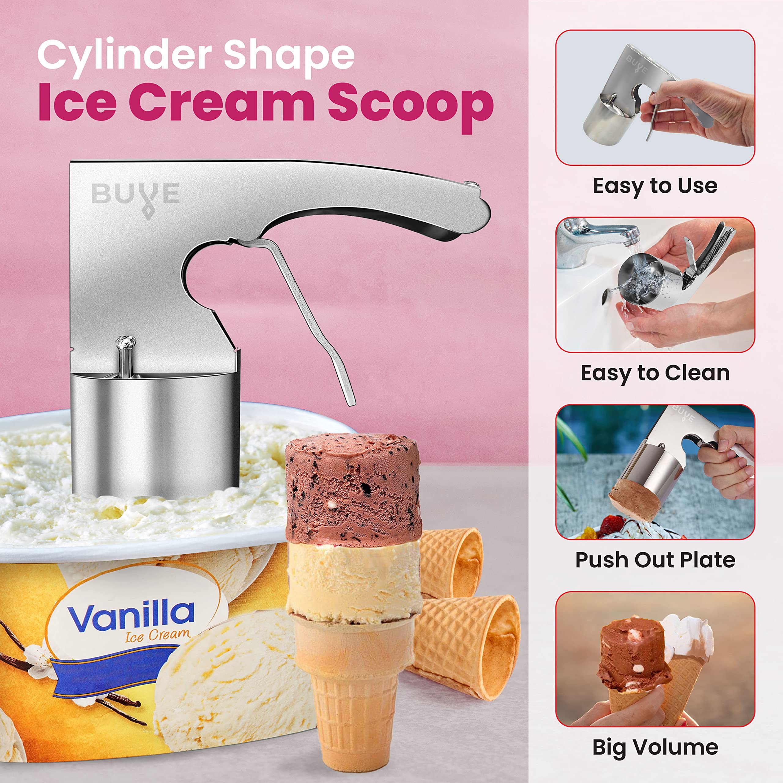 Ice Cream Scoop - Stainless Steel, Old Time Cylindrical Design With Spring-Powered Trigger For Easy Release | Easy To Clean | Bi