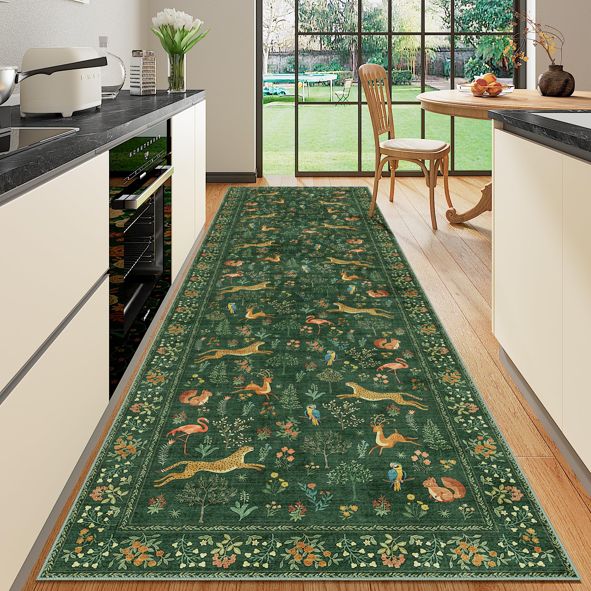 DUKINO 3x10 Washable Runner Rug for Hallway, Lightweight Loog Kitchen Rug with Low Pile Design, Vintage Animal Non Shedding Thin