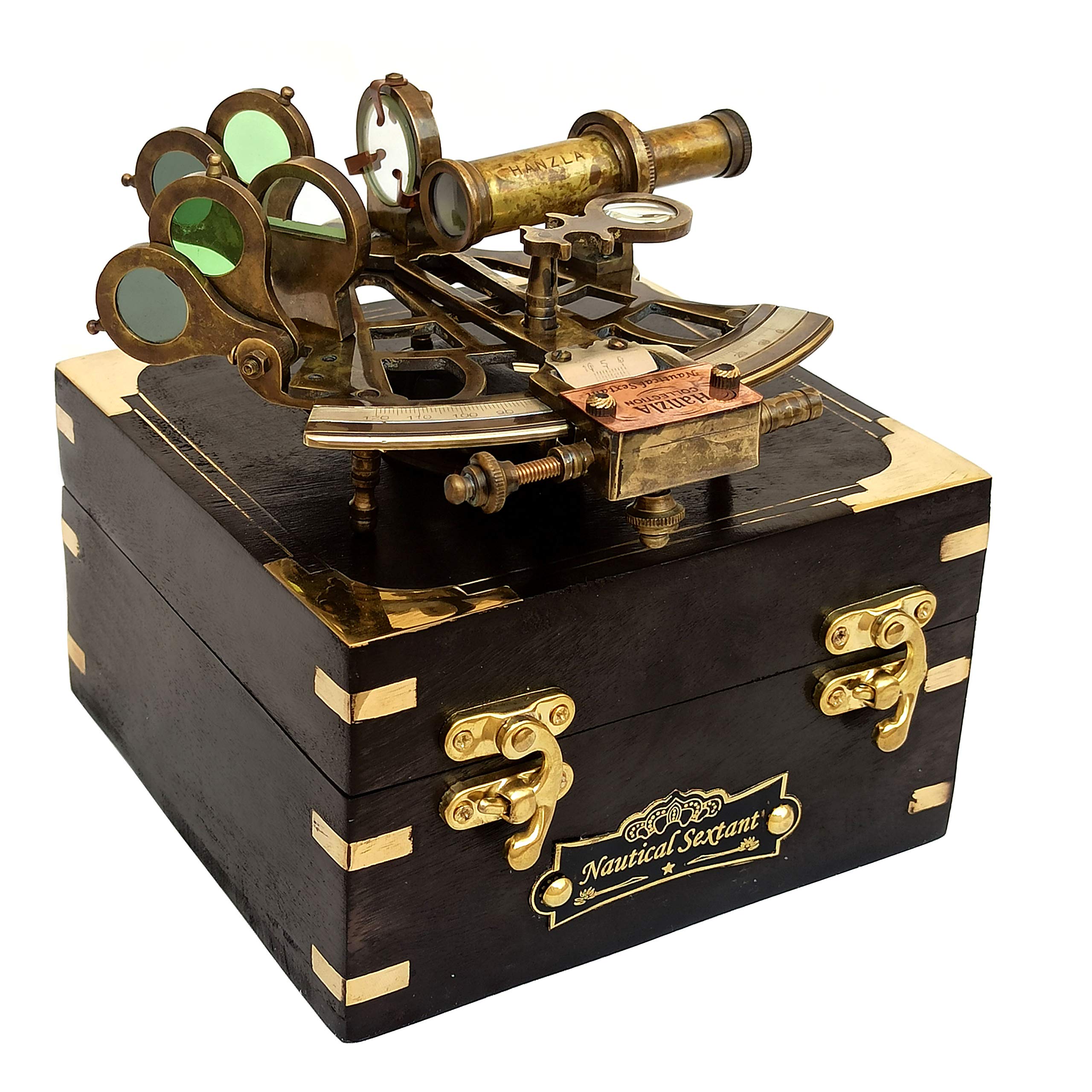 Hanzla Collection Brass Sextant for Navigation with Inbuild Compass Vintage Nautical Brass Sextant J. Scott Antique Sextant with