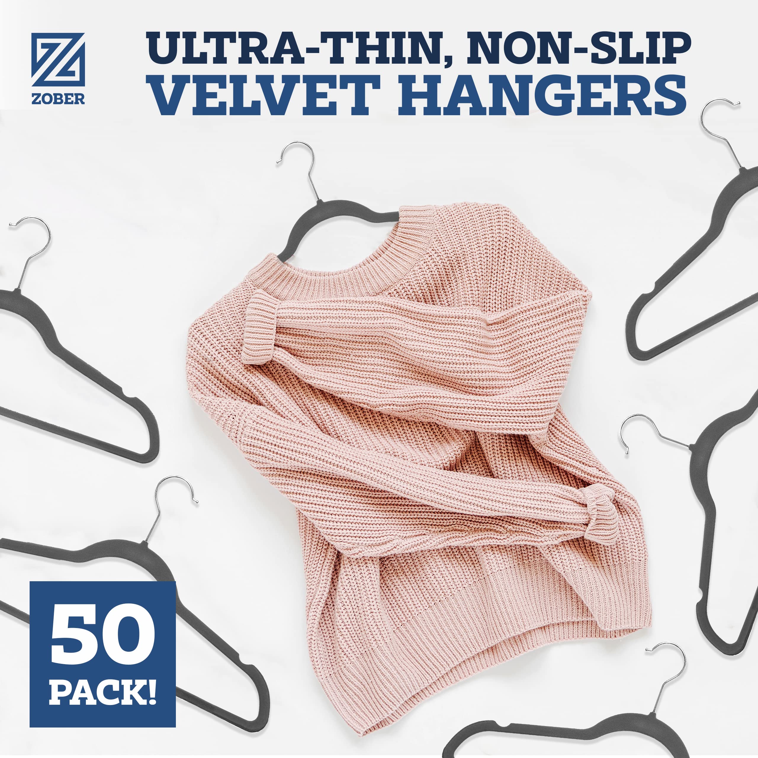 Zober Velvet Hangers 50 Pack - Heavy Duty gray Hangers for coats  Pants & Dress clothes - Non Slip clothes Hanger Set - Space Saving Felt Hangers for clothing