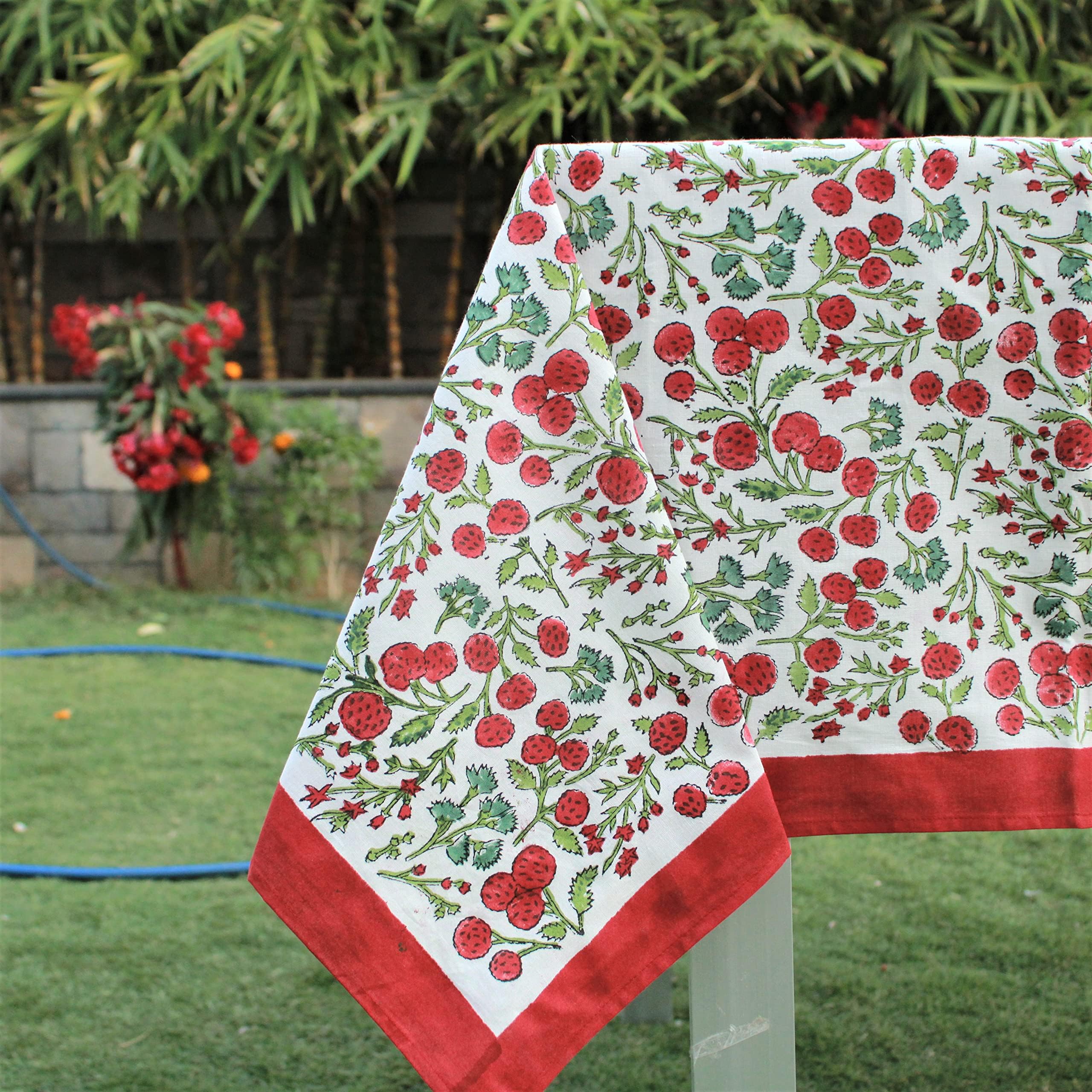 Ridhi Garnet Red Hand Block Print Cotton Rectangle Tablecloth 160 x 72 inch-Reusable Table Cover Decorative Everyday Use for Din