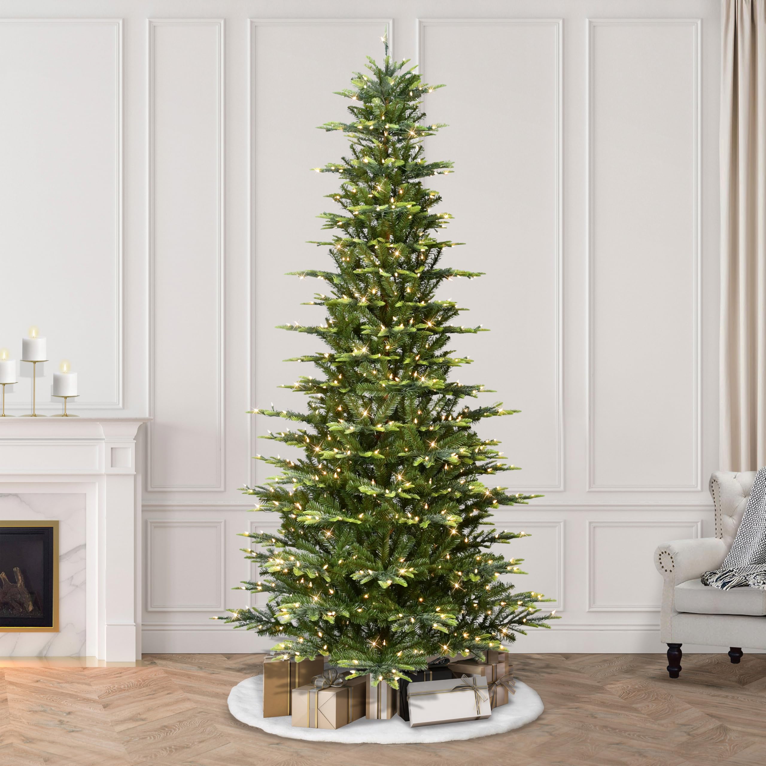 Puleo International 9ft Pre-Lit Slim Aspen Fir Artificial Christmas Tree with 700 Clear Lights, 1451 Realistic Dense Branch Tips