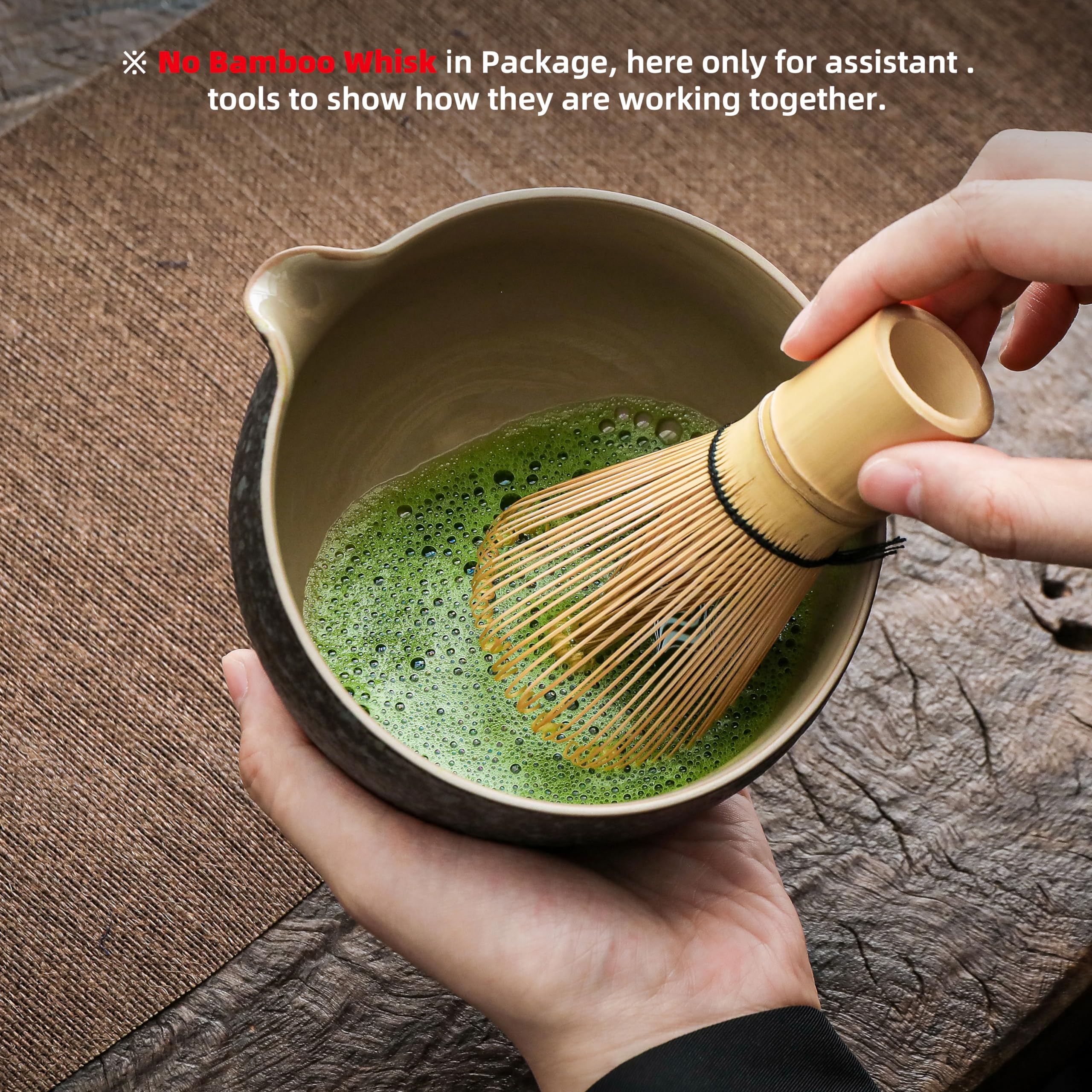 Teanagoo Japanese Natural Rock Texture Matcha Chawan With Whisk Rest, 18 Oz. K17, Rocky-Black/Grey, Matcha Tea Bowl, Ceramic Bow