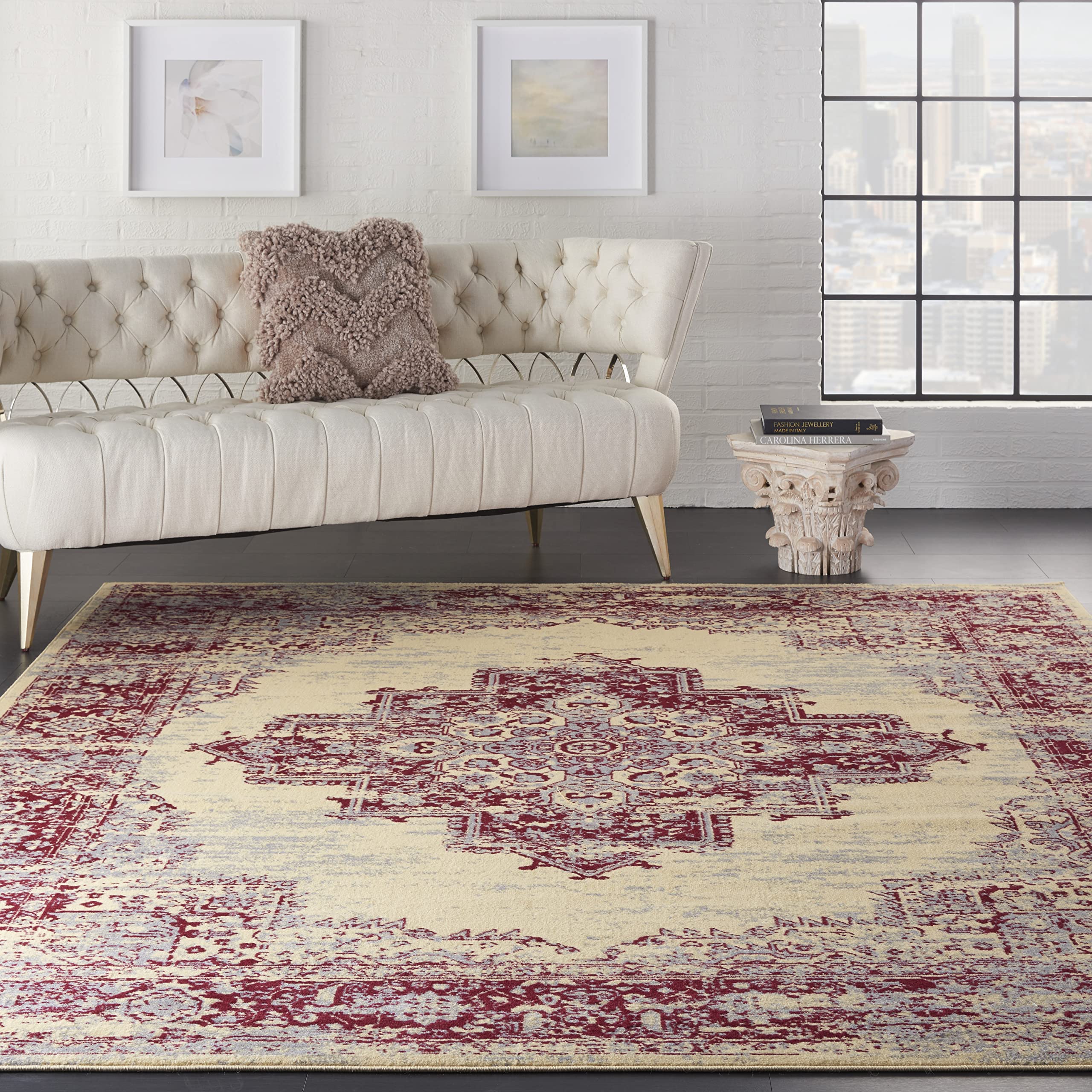 Nourison Grafix Traditional Cream/Red 7 x 10 Area -Rug, Easy -Cleaning, Non Shedding, Bed Room, Living Room, Dining Room, Kitc