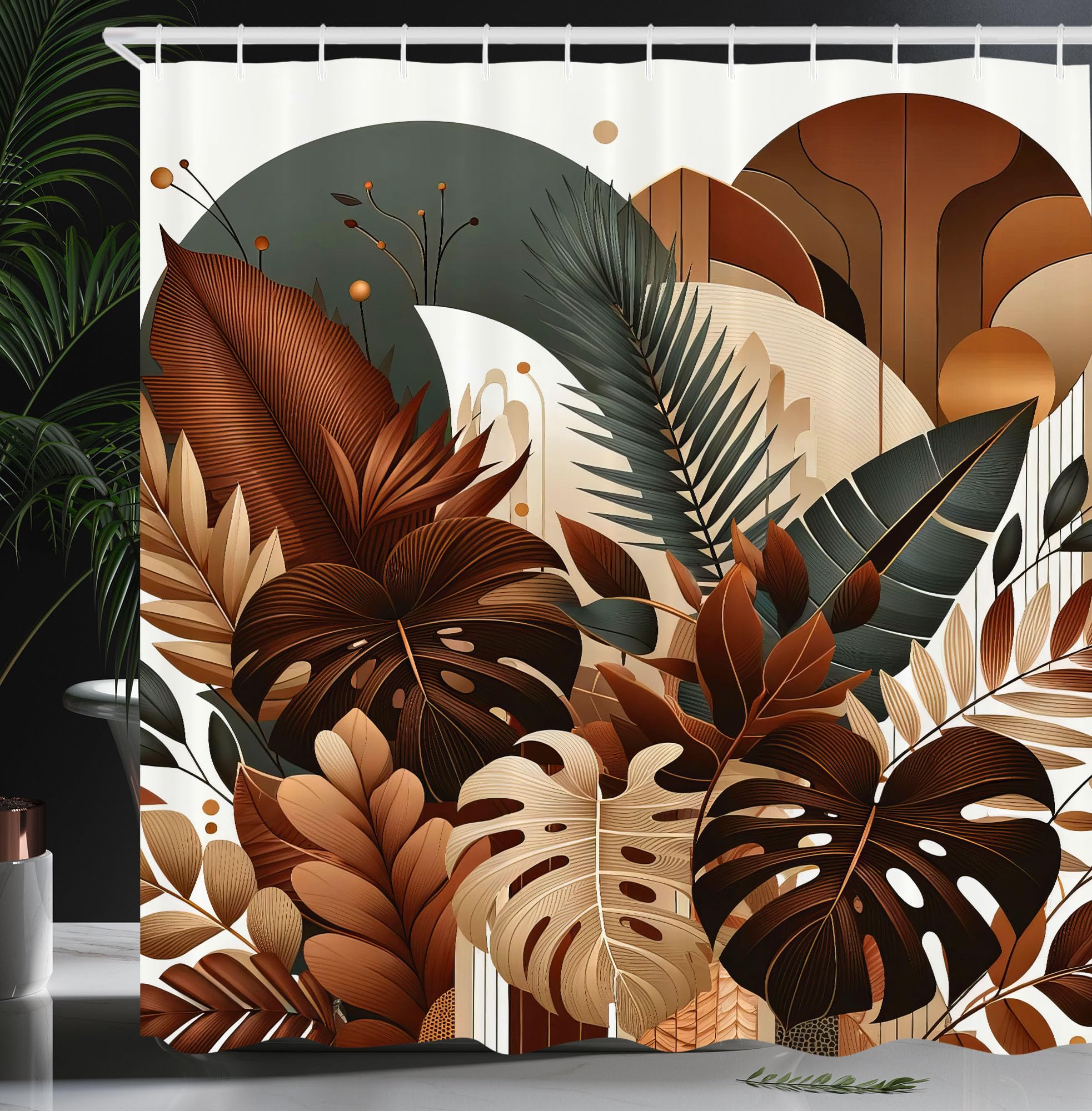 Ambesonne Brown Shower Curtain, Earthy Jungle Exotic Leaves On Mid Century Modern Circles Vintage Botany, Cloth Fabric Bathroom
