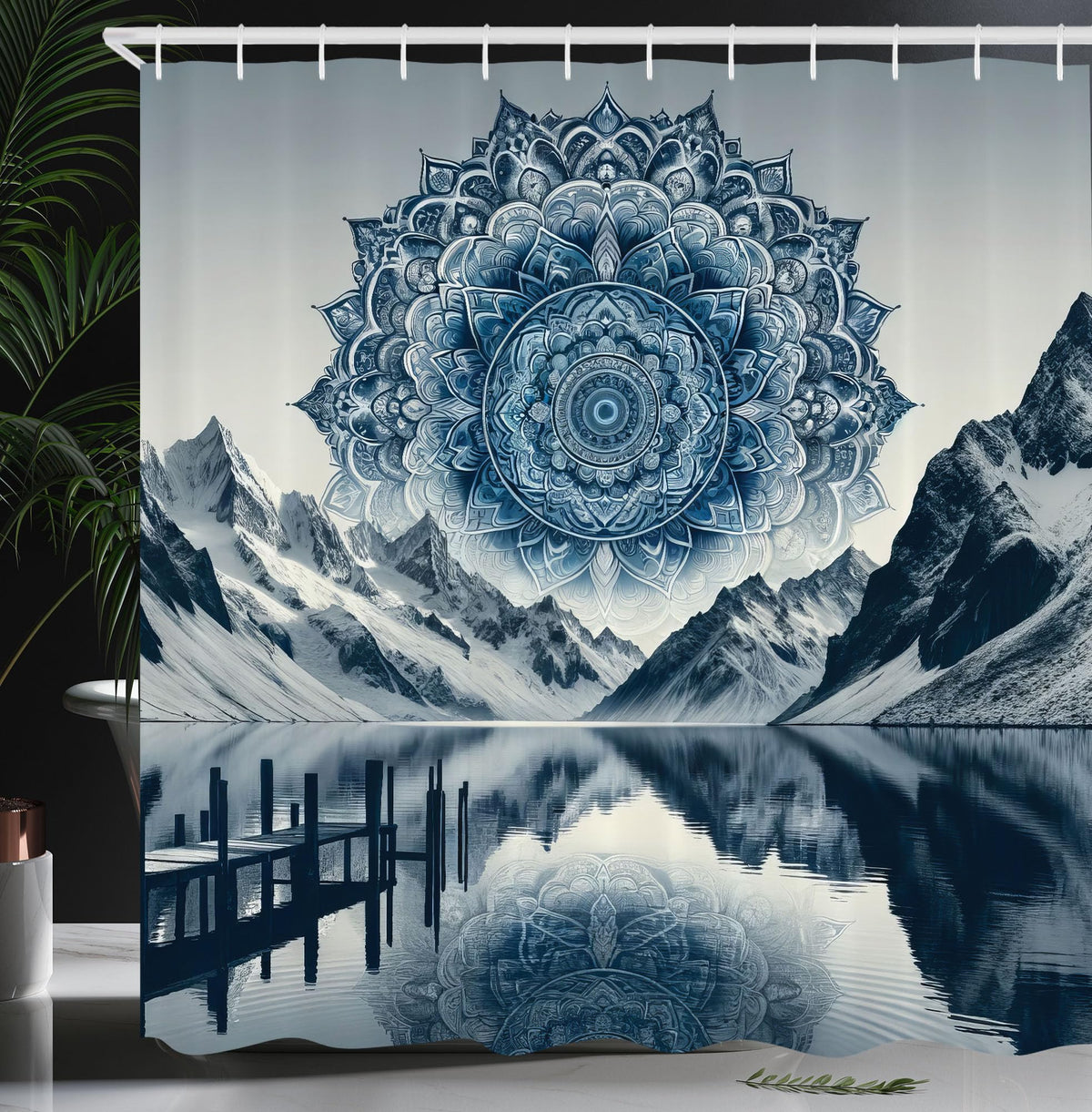 Ambesonne Lake Shower Curtain, Snowy Mountains Around Calm Water Peaceful Scene With Ethnic Boho Mandala In The Sky, Cloth Fabri
